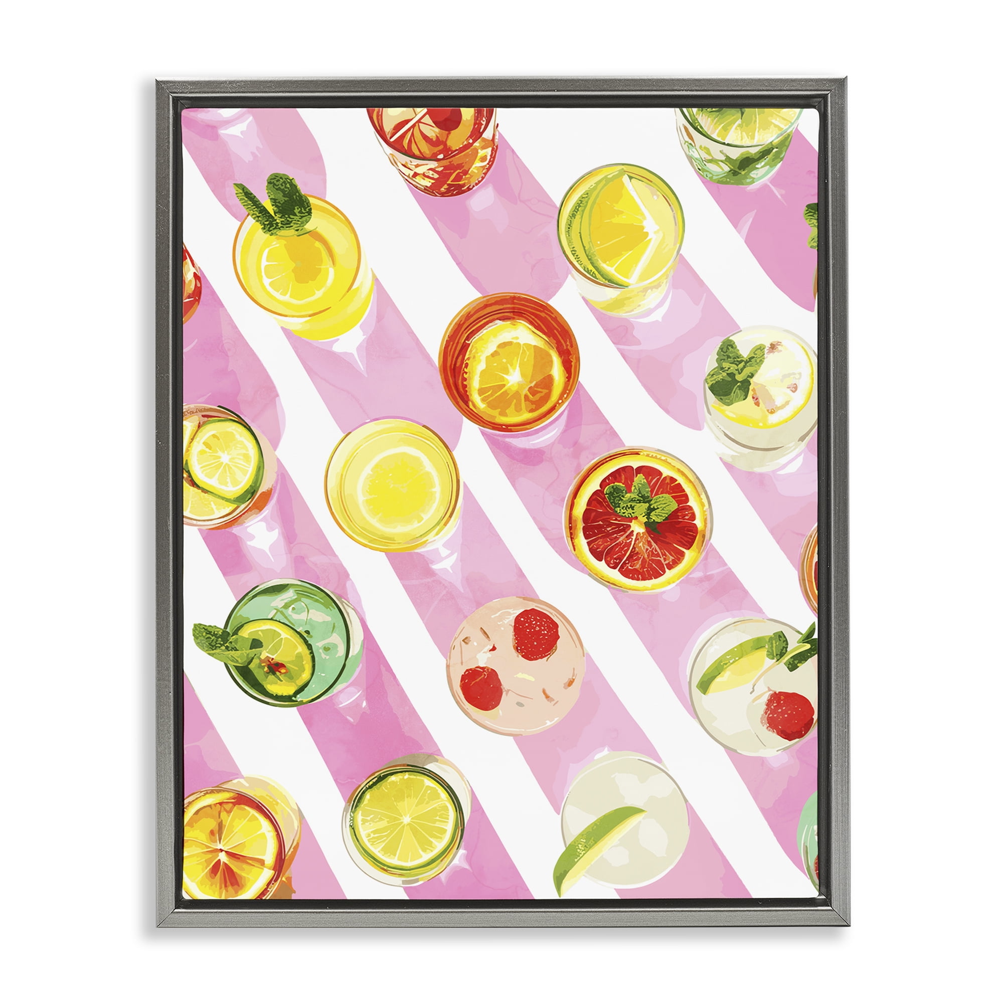 Stupell Industries Aerial Cocktails on Stripes Food & Beverage Painting Gray Floater Framed Canvas Art Print Wall Art, 25 x 31