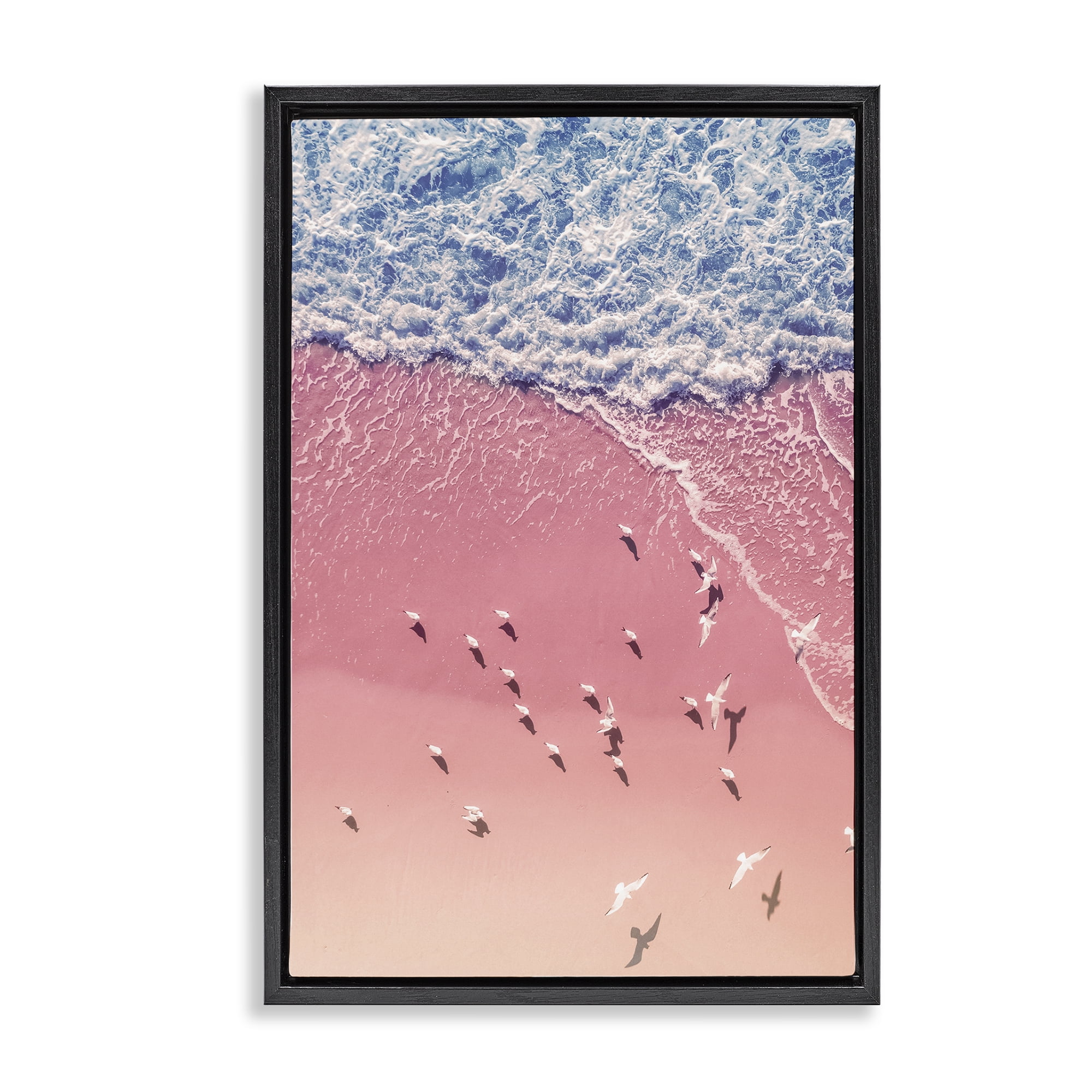 Stupell Industries Aerial Seagulls Pink Beach Landscape & Nature Photography Black Floater Framed Canvas Art Print Wall Art, 21 x 31