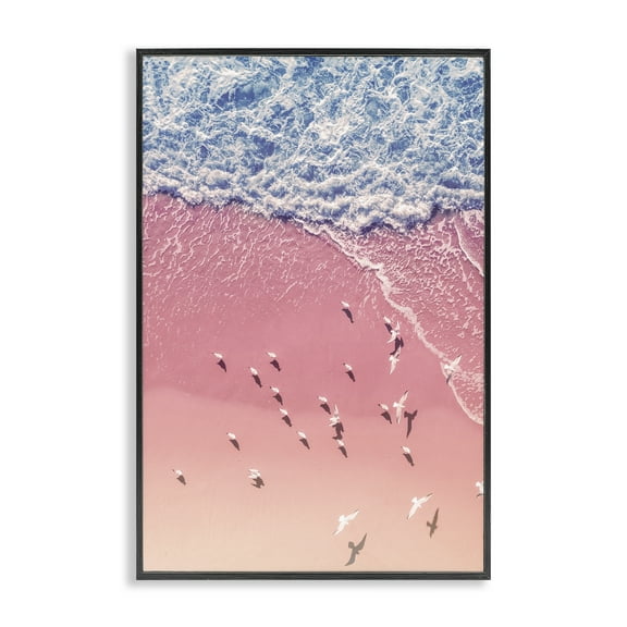 Stupell Industries Aerial Seagulls Pink Beach Landscape & Nature Photography Black Framed Art Print Wall Art, 12 x 18
