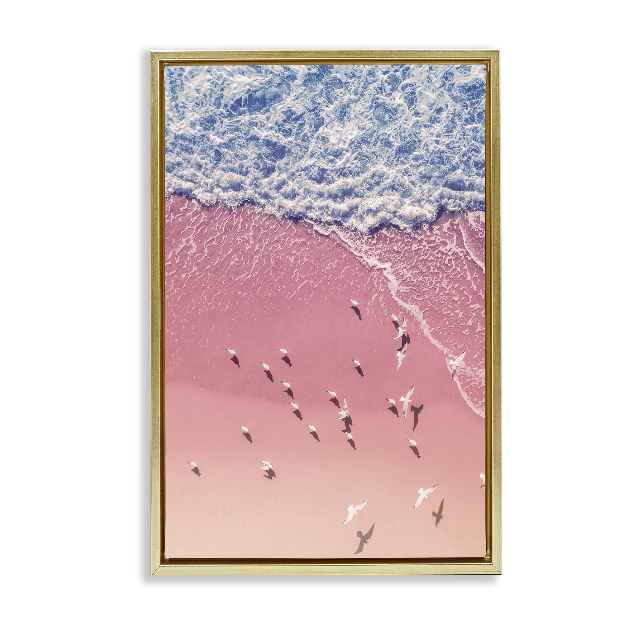Stupell Industries Aerial Seagulls Pink Beach Landscape & Nature Photography Gold Floater Framed Canvas Art Print Wall Art, 17 x 25