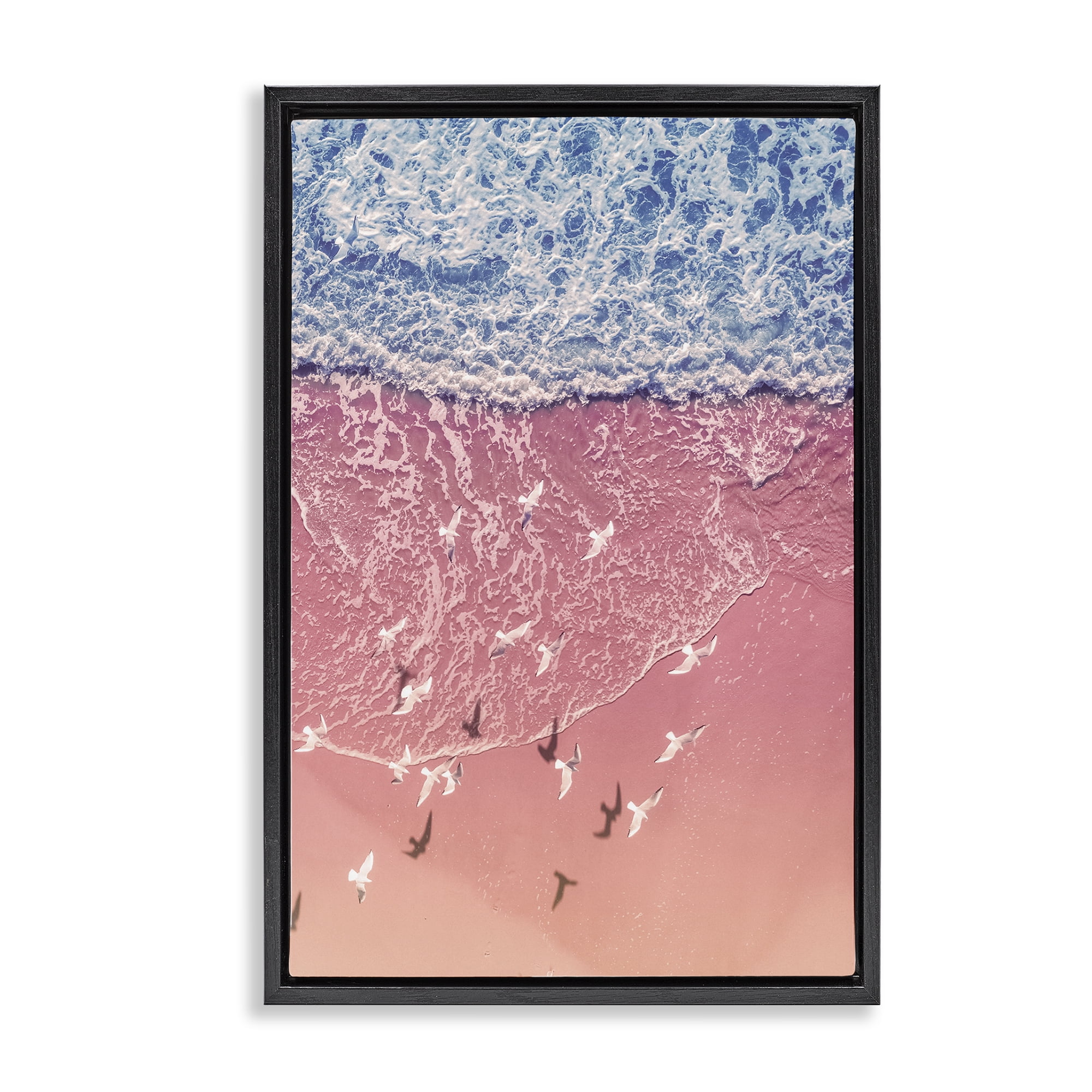Stupell Industries Aerial Seagulls over Beach Landscape & Nature Photography Black Floater Framed Canvas Art Print Wall Art, 17 x 25