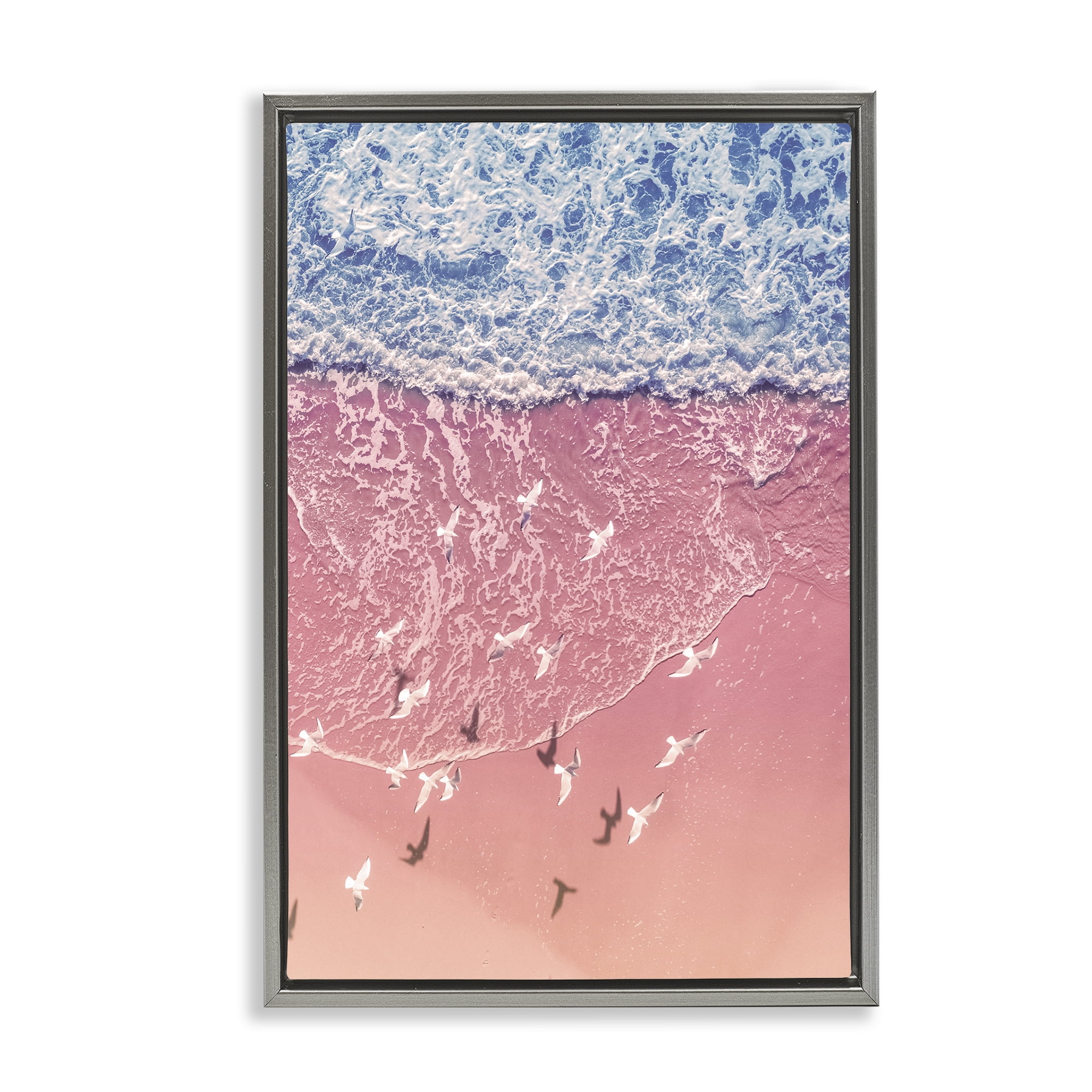 Stupell Industries Aerial Seagulls over Beach Landscape & Nature Photography Gray Floater Framed Canvas Art Print Wall Art, 17 x 25