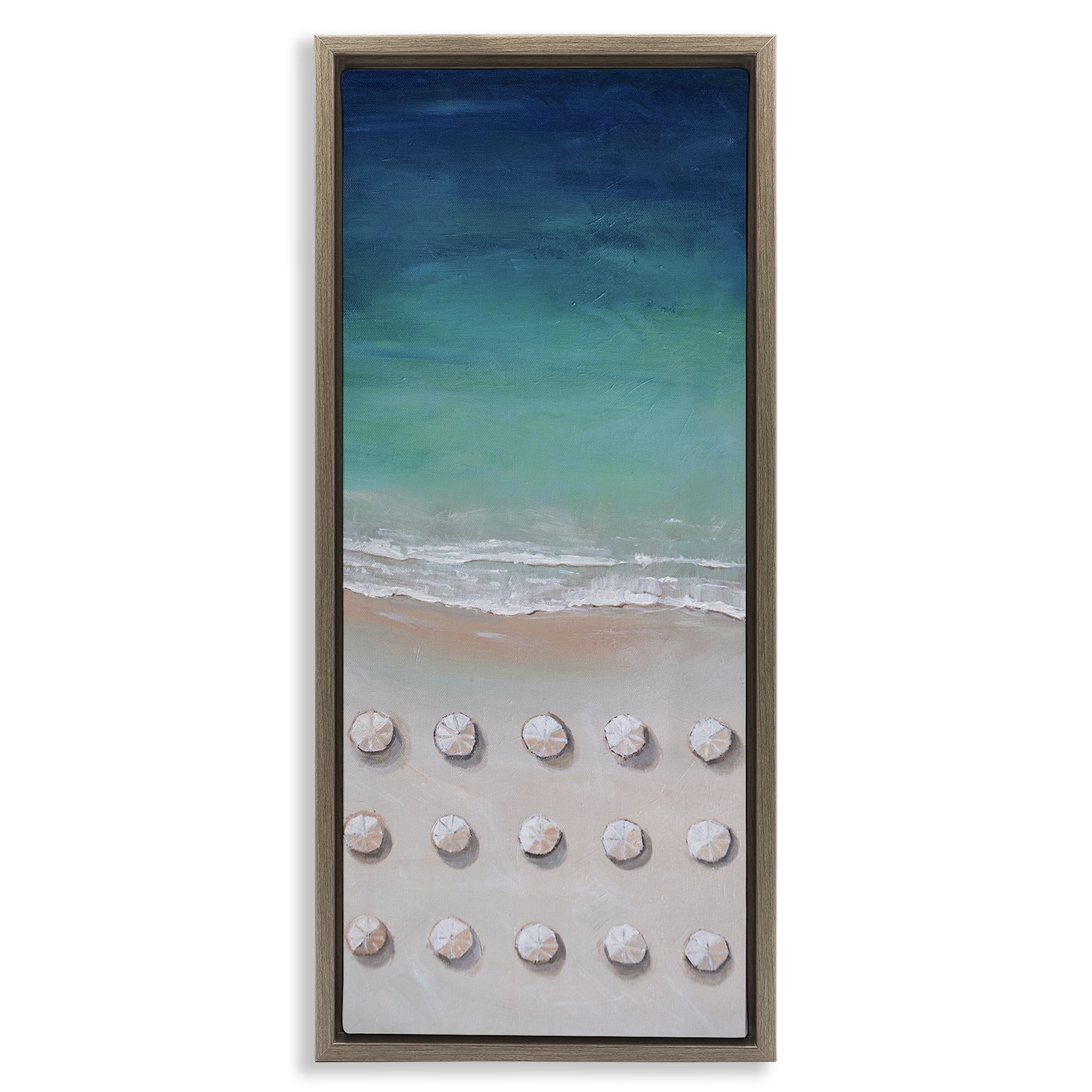 Stupell Industries Aerial Umbrellas on Beach Coast Nature Painting Brown Floater Framed Canvas Art Print Wall Art, 11 x 25