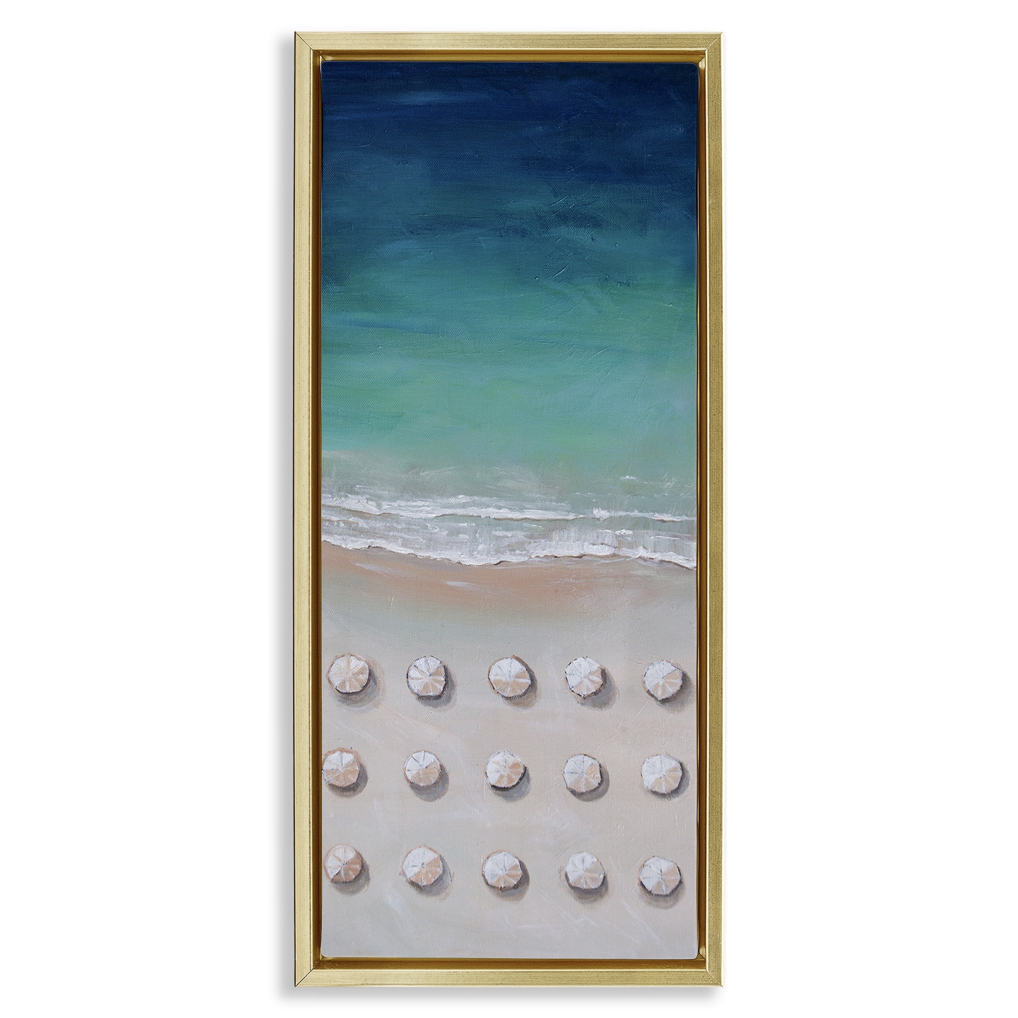Stupell Industries Aerial Umbrellas on Beach Coast Nature Painting Gold Floater Framed Canvas Art Print Wall Art, 11 x 25