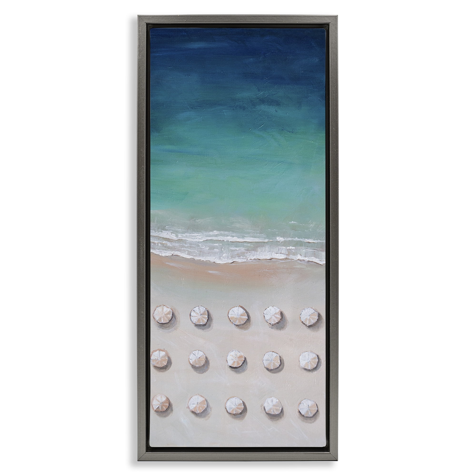 Stupell Industries Aerial Umbrellas on Beach Coast Nature Painting Gray Floater Framed Canvas Art Print Wall Art, 15 x 31
