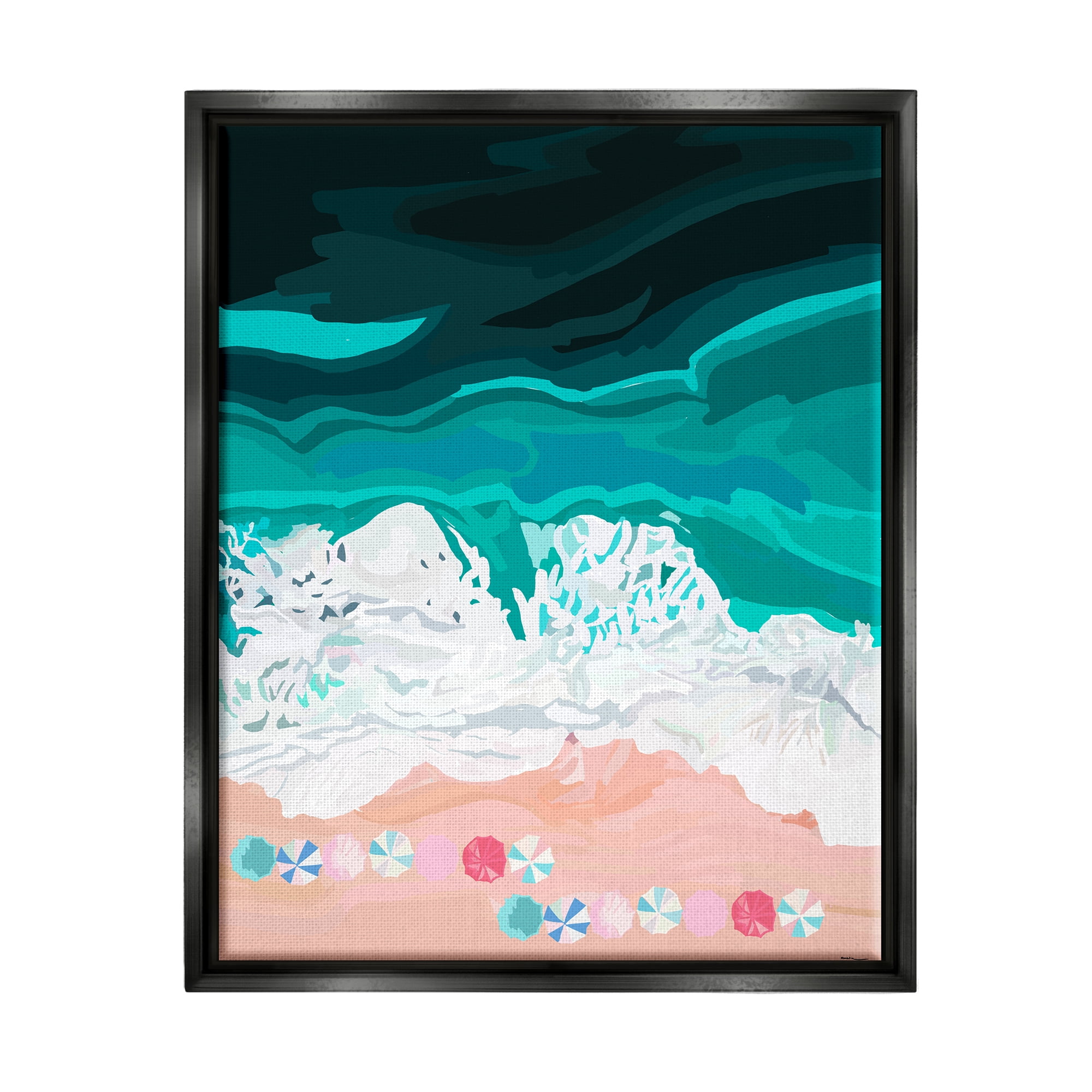 Stupell Industries Aerial View Beach Umbrellas Coastal Painting Black Floater Framed Art Print Wall Art