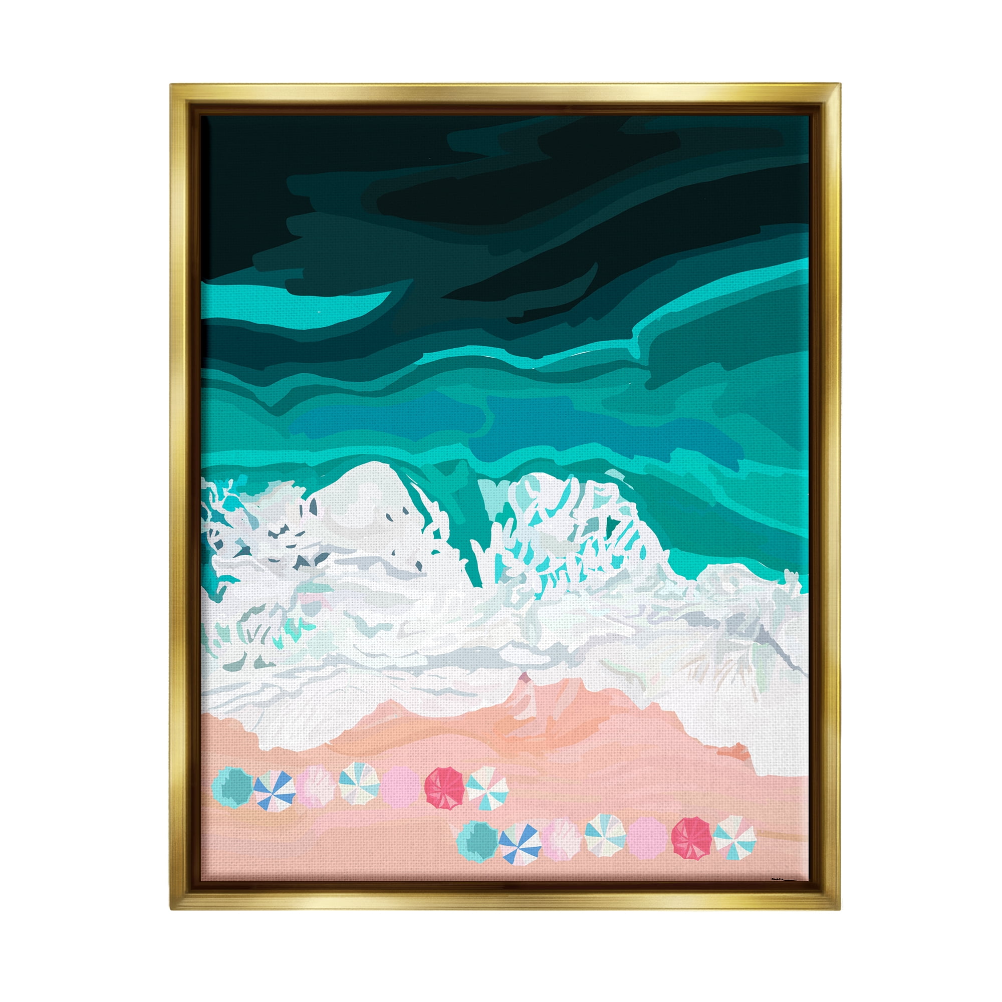 Stupell Industries Aerial View Beach Umbrellas Coastal Painting Gold Floater Framed Art Print Wall Art