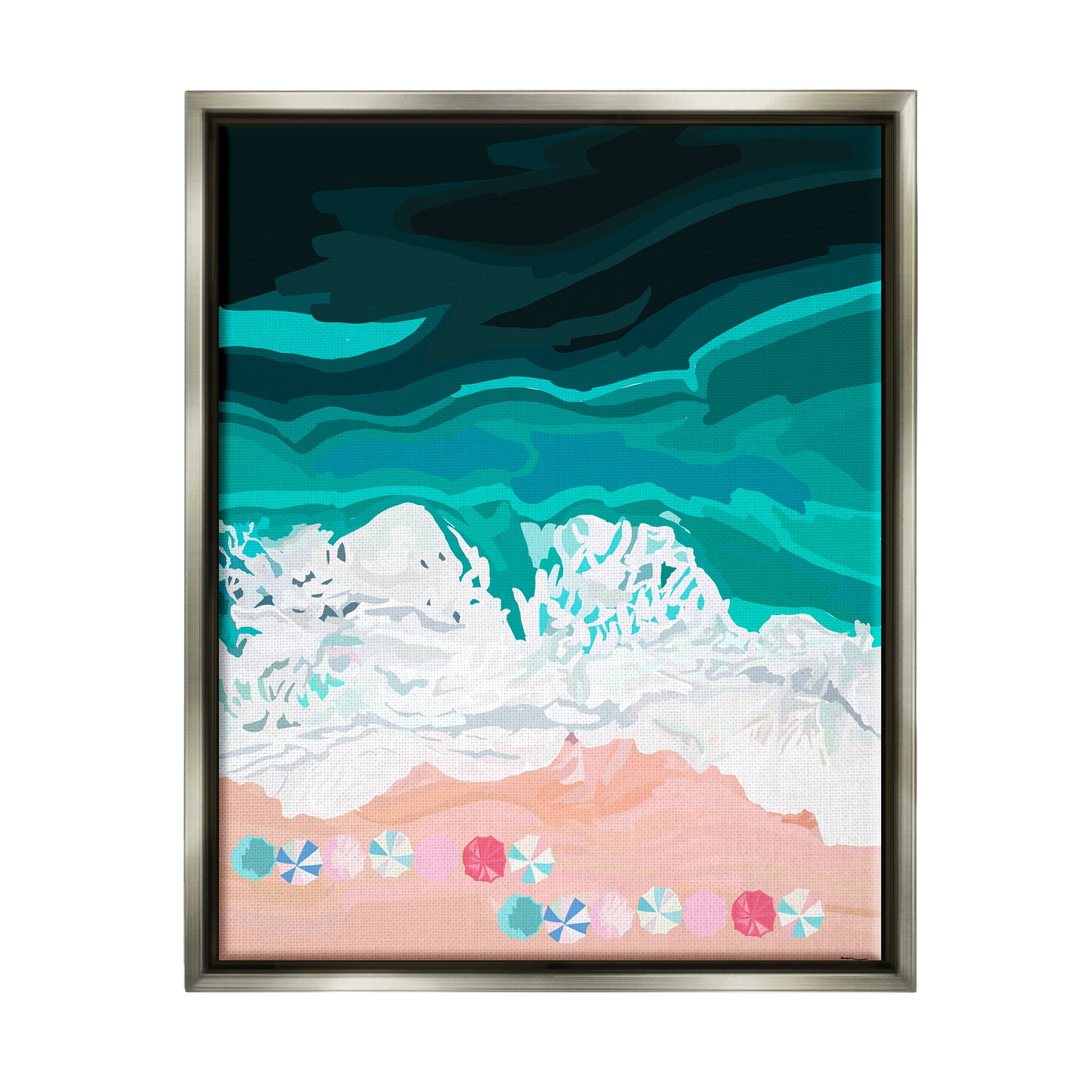Stupell Industries Aerial View Beach Umbrellas Coastal Painting Gray Floater Framed Art Print Wall Art