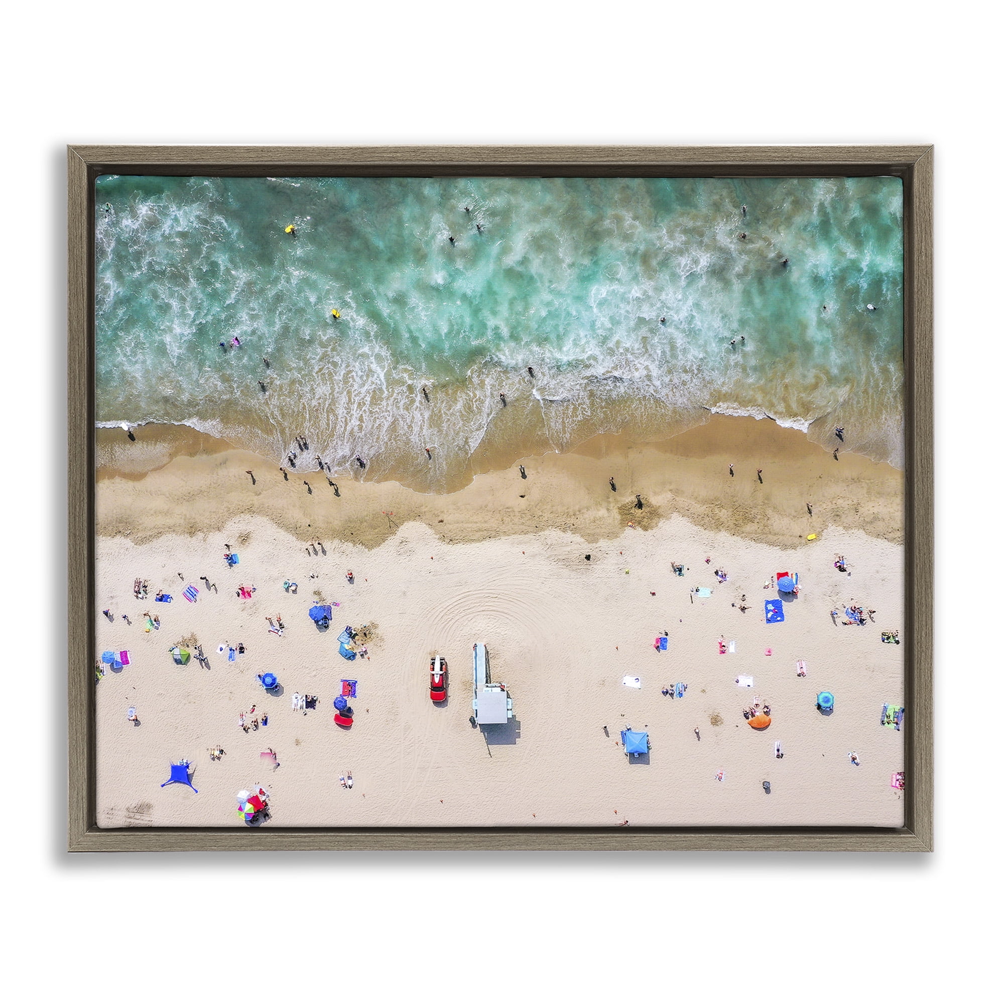 Stupell Industries Aerial View Busy Summer Beach Nature Photography Brown Floater Framed Canvas Art Print Wall Art, 31 x 25