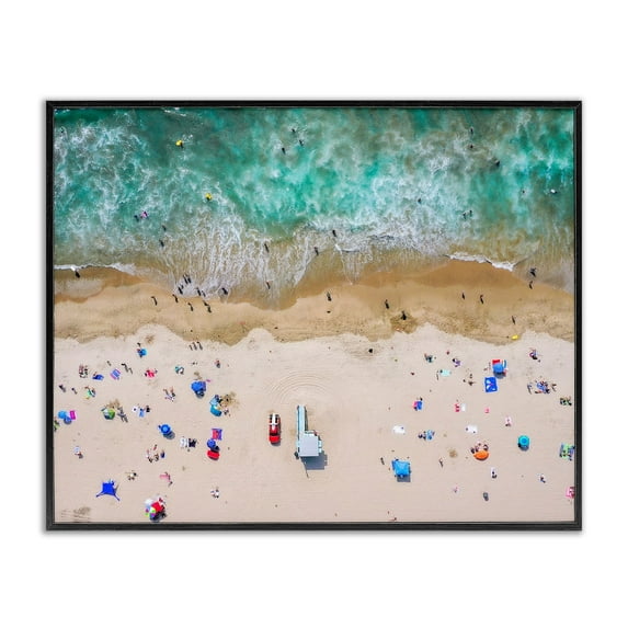 Stupell Industries Aerial View Busy Summer Beach Umbrellas People Swimming Photograph Black Framed Art Print Wall Art, Design by Jeff Poe Photography