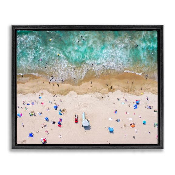 Stupell Industries Aerial View Busy Summer Beach Umbrellas People Swimming Photograph Jet Black Floating Framed Canvas Print Wall Art, Design by Jeff Poe Photography