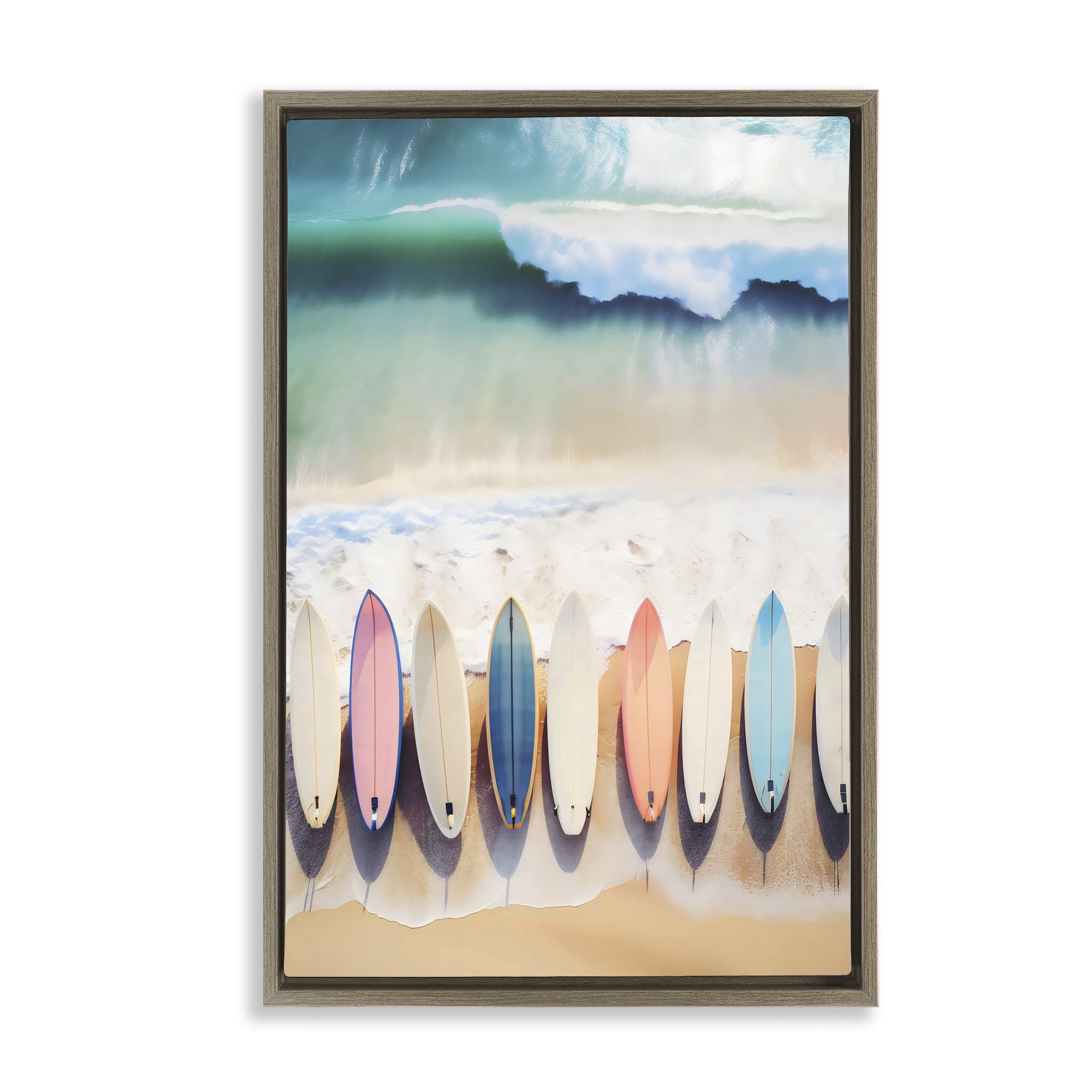 Stupell Industries Aerial View Surfboards Shoreline Brown Framed Floater Canvas Wall Art, design by Creative Studio