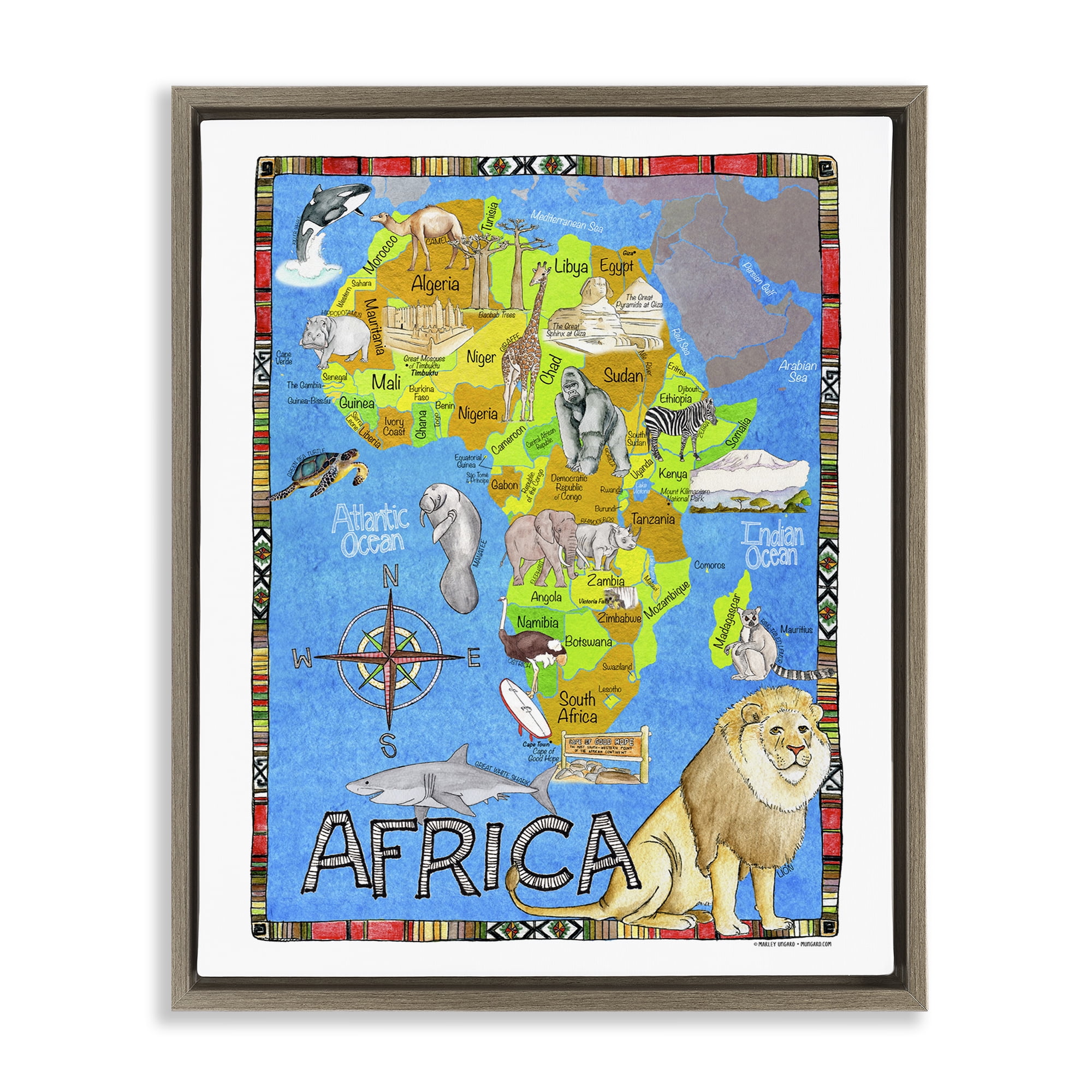 Stupell Industries African Animals Map Town & City Painting Brown Floater Framed Art Print Wall Art, 17 x 21