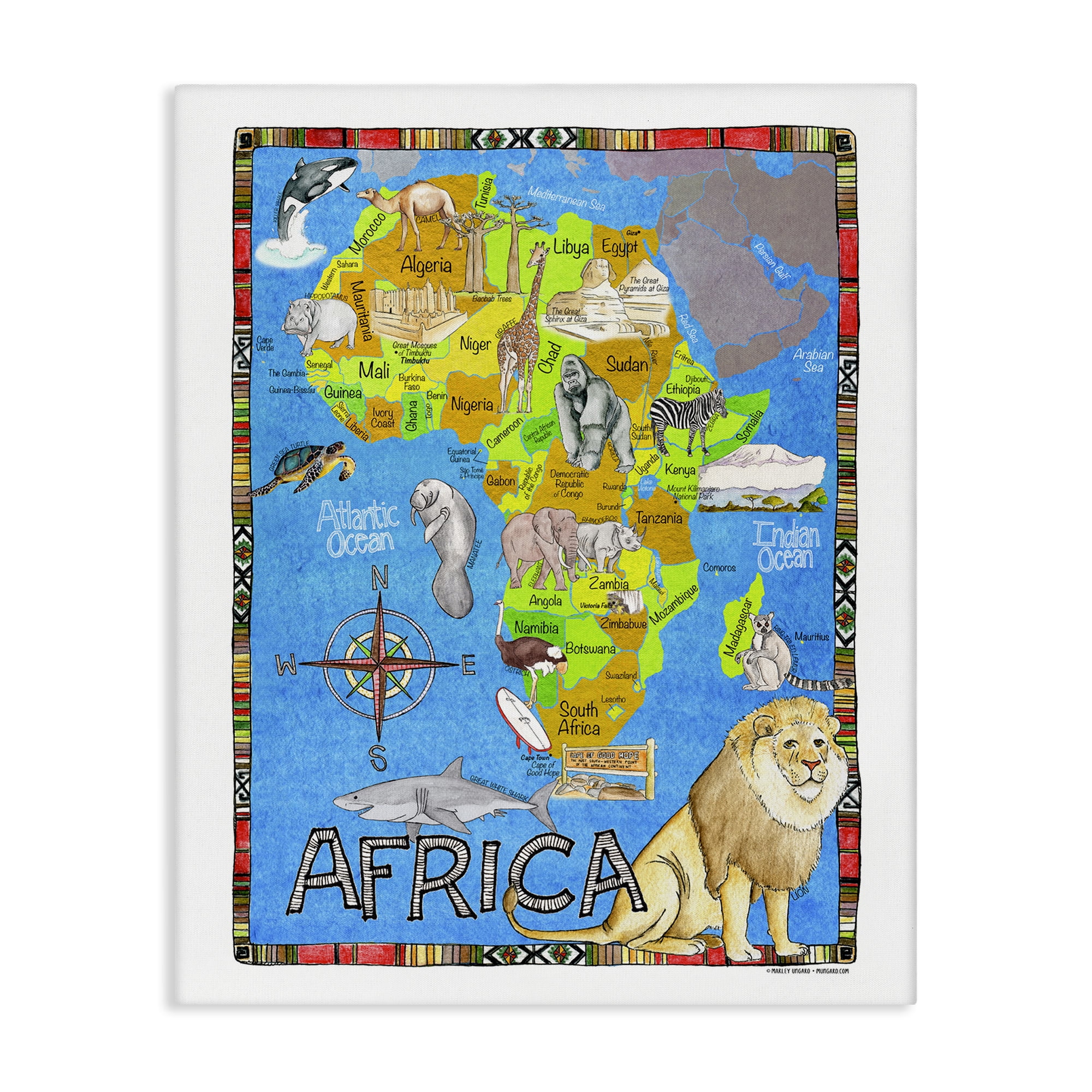 Stupell Industries African Animals Map Town & City Painting Gallery Wrapped Canvas Art Print Wall Art, 36 x 48