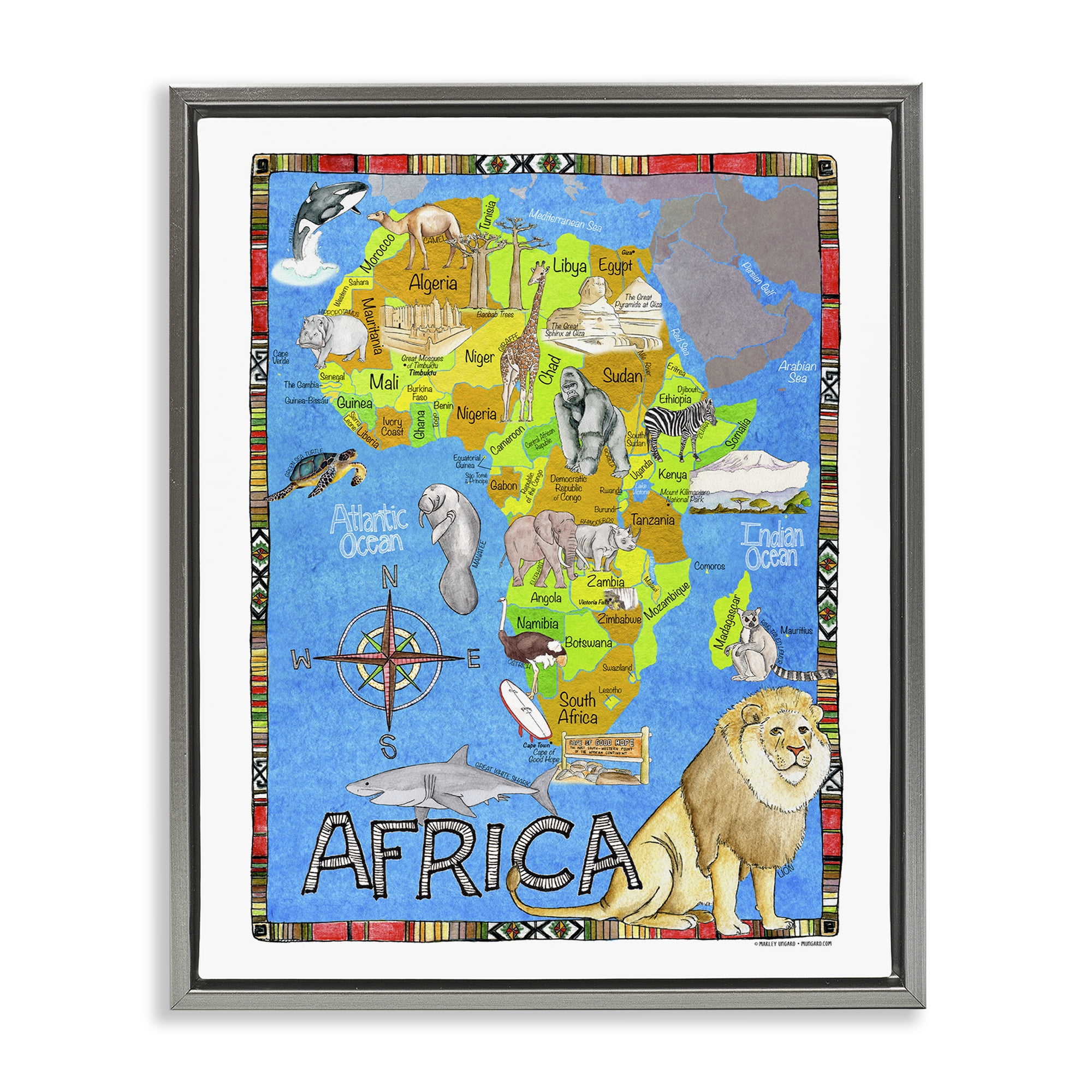 Stupell Industries African Animals Map Town & City Painting Gray Floater Framed Art Print Wall Art, 17 x 21