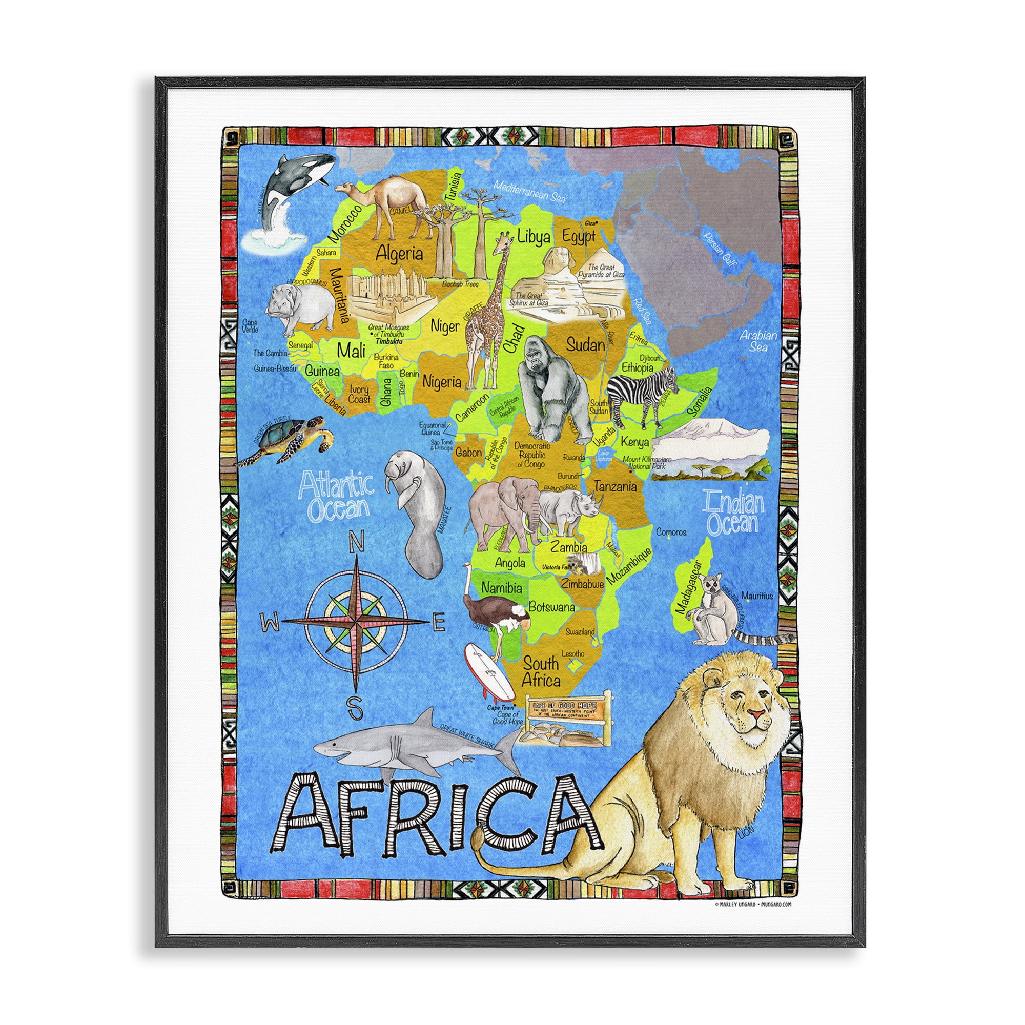 Stupell Industries African Animals Map Travel & Places Painting Black Framed Art Print Wall Art, 16 x 20