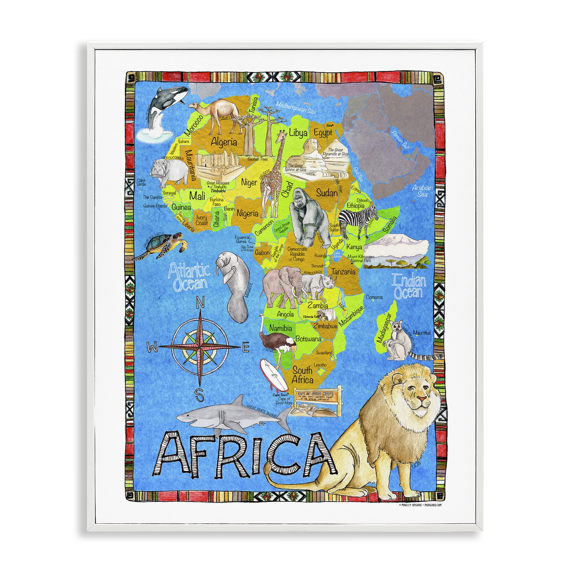 Stupell Industries African Animals Map Travel & Places Painting White Framed Art Print Wall Art, 16 x 20