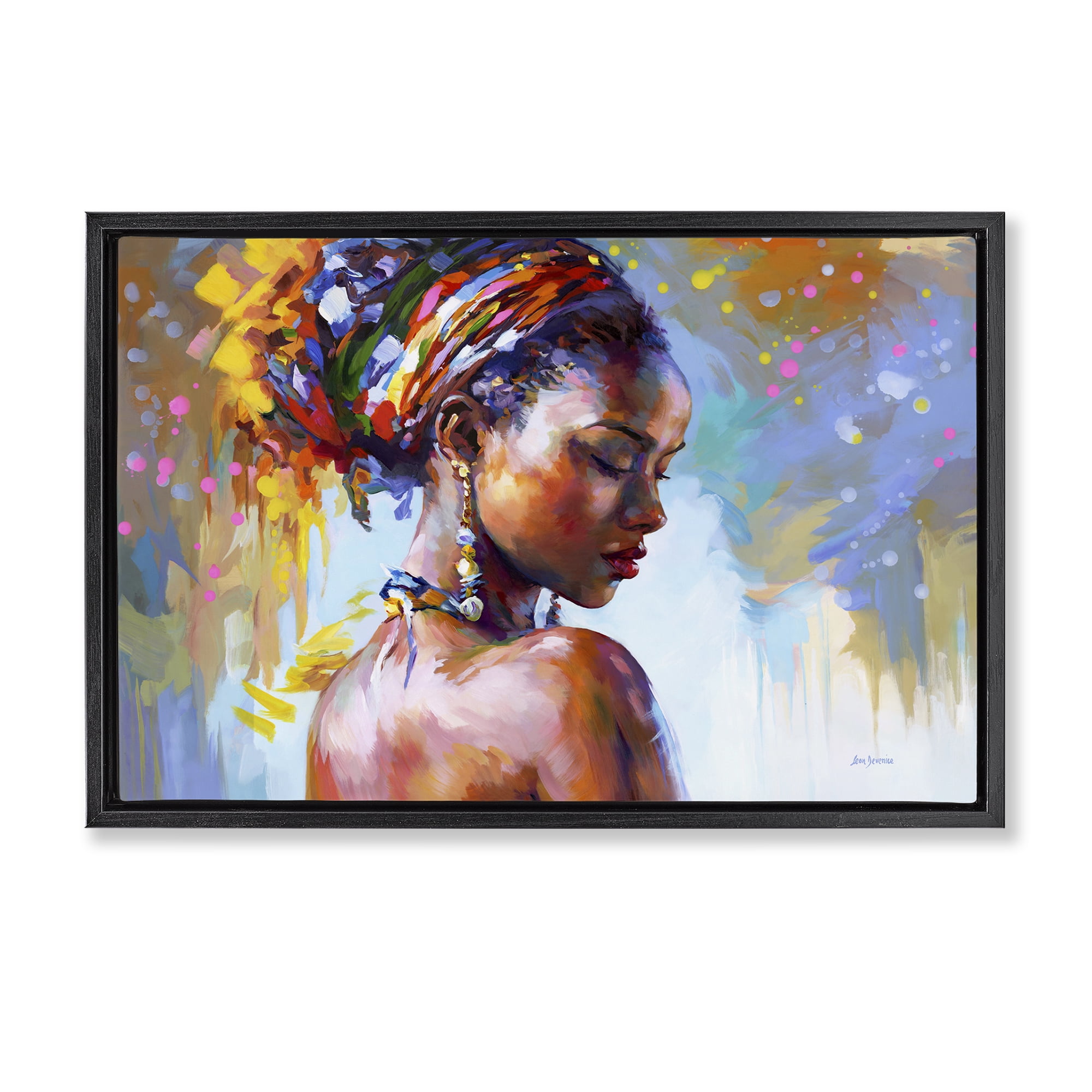 Stupell Industries African Beauty Portrait People Painting Black Floater Framed Canvas Art Print Wall Art, 31 x 21