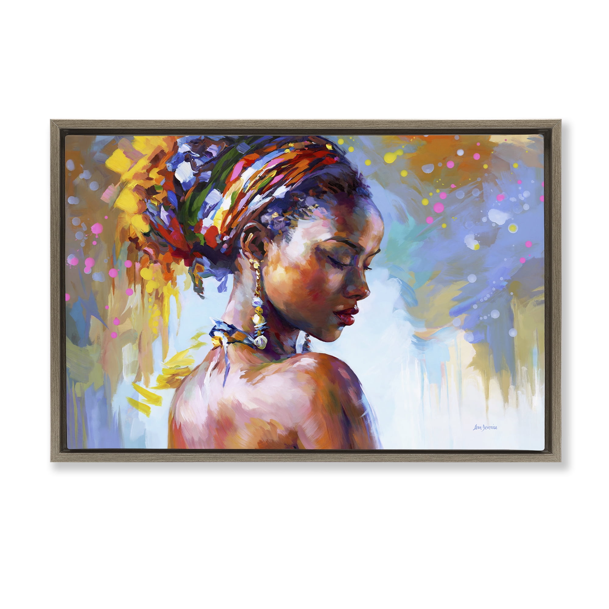 Stupell Industries African Beauty Portrait People Painting Brown Floater Framed Canvas Art Print Wall Art, 31 x 21