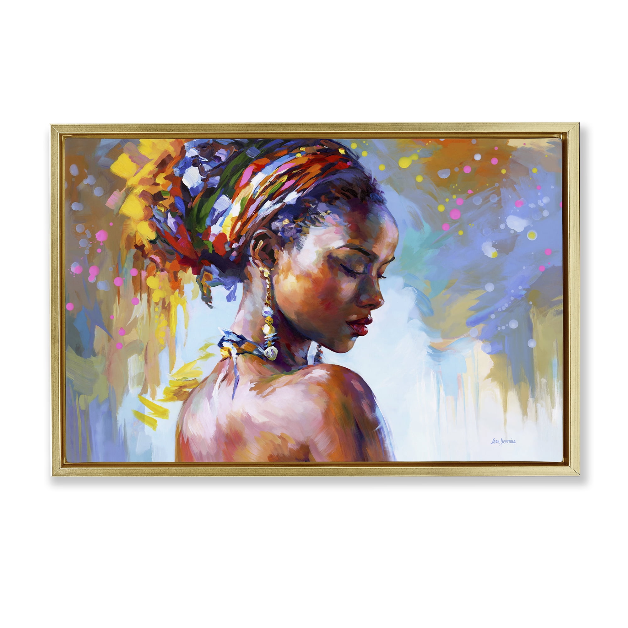 Stupell Industries African Beauty Portrait People Painting Gold Floater Framed Canvas Art Print Wall Art, 25 x 17