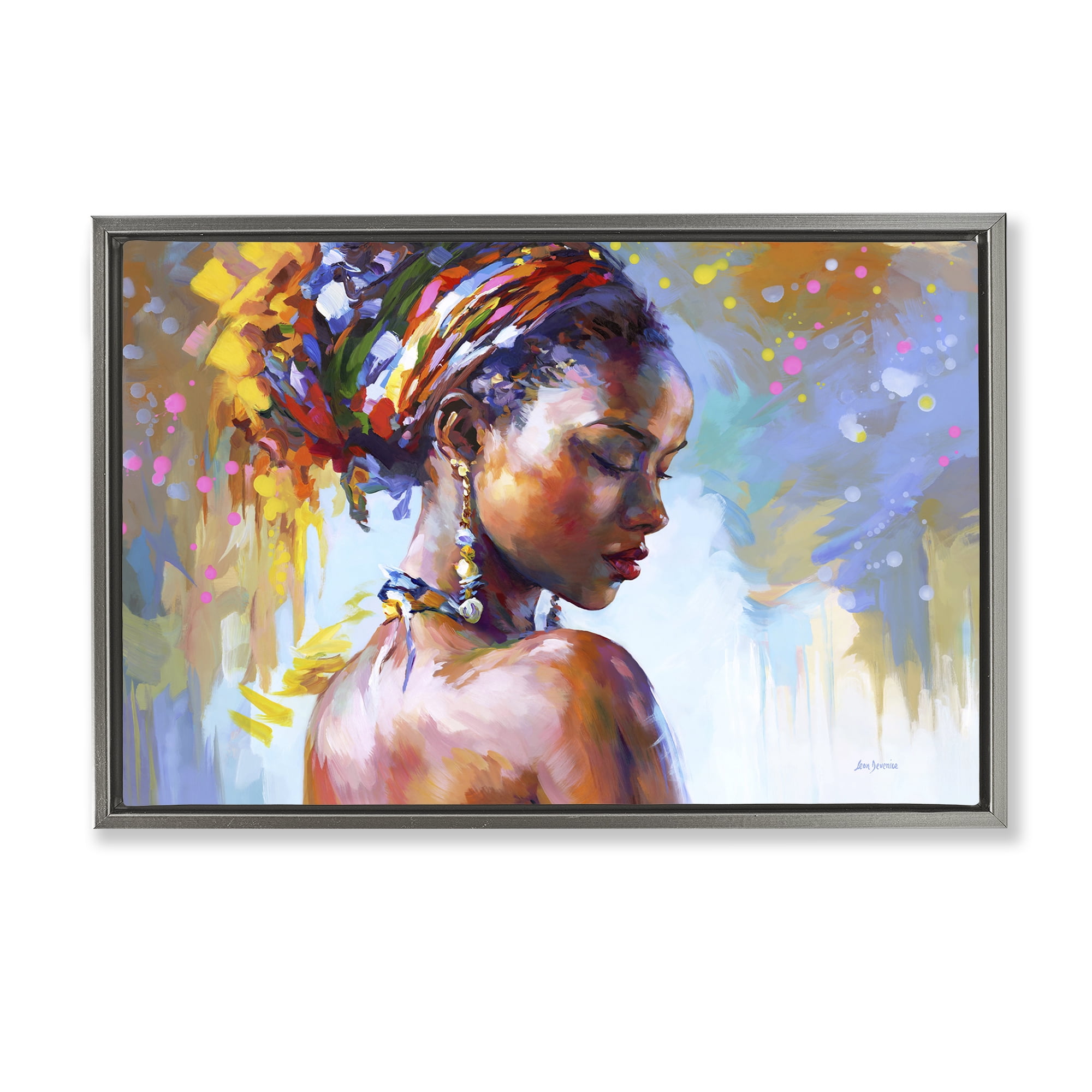 Stupell Industries African Beauty Portrait People Painting Gray Floater Framed Canvas Art Print Wall Art, 31 x 21