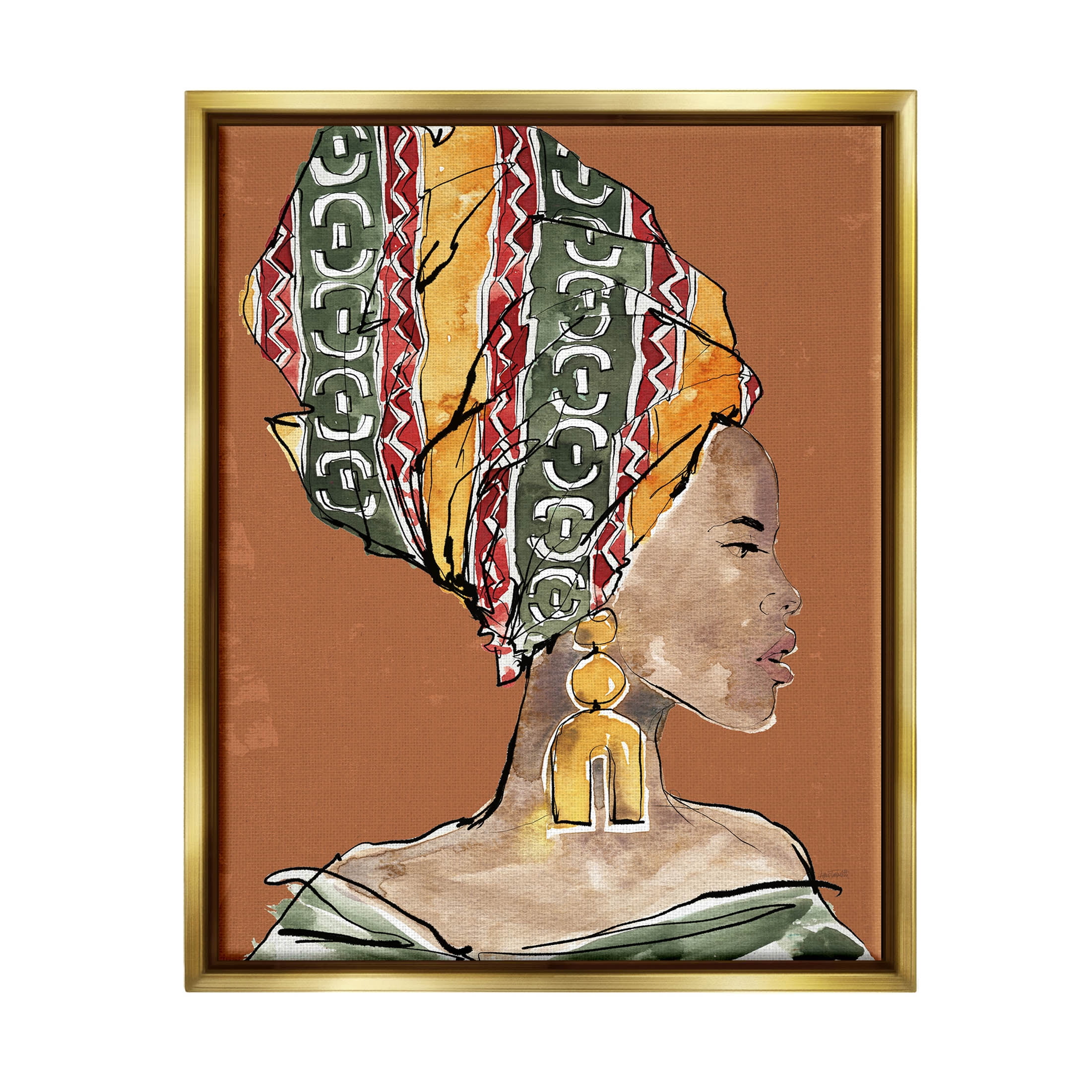 Stupell Industries African Flair Earthy Portrait Graphic Art Metallic Gold Floating Framed Canvas Print Wall Art, Design by Anne Tavoletti