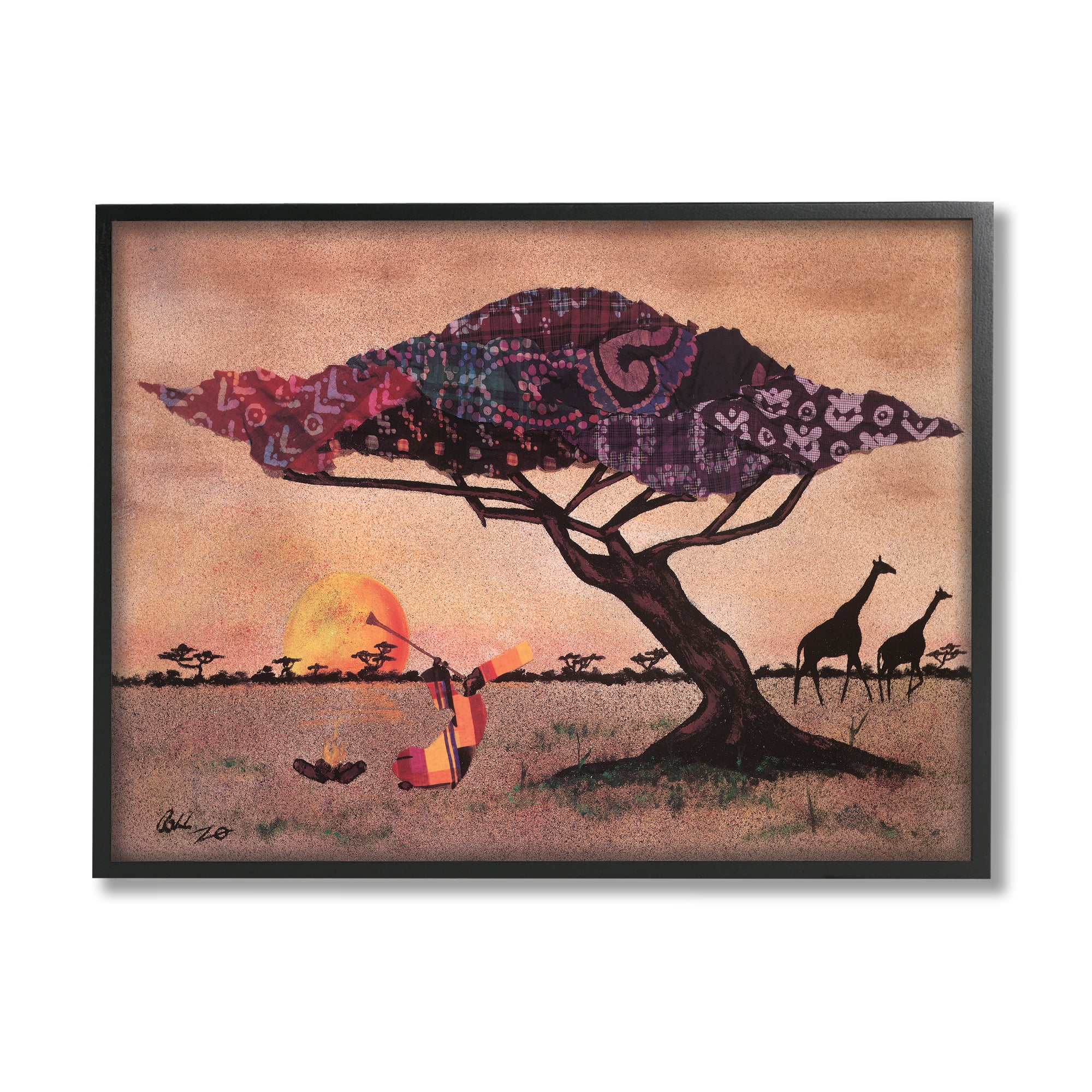 Stupell Industries African Sunrise Safari Landscape Man Playing Trumpet Novelty Painting Black Framed Art Print Wall Art, 16 x 20