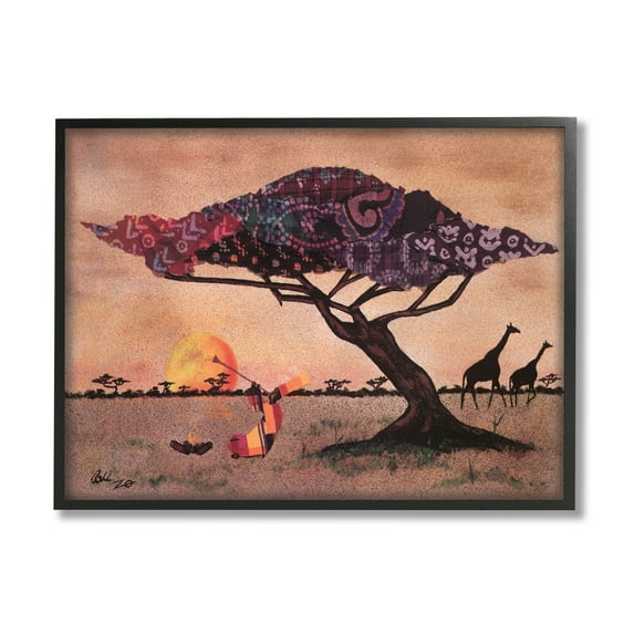 Stupell Industries African Sunrise Safari Landscape Man Playing Trumpet Novelty Painting Black Framed Art Print Wall Art, 16 x 20