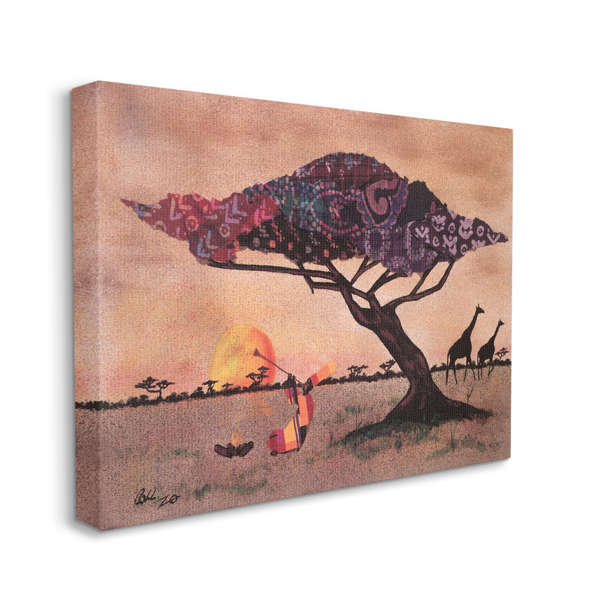 Stupell Industries African Sunrise Safari Landscape Man Playing Trumpet Novelty Painting Gallery Wrapped Canvas Art Print Wall Art, 24 x 30
