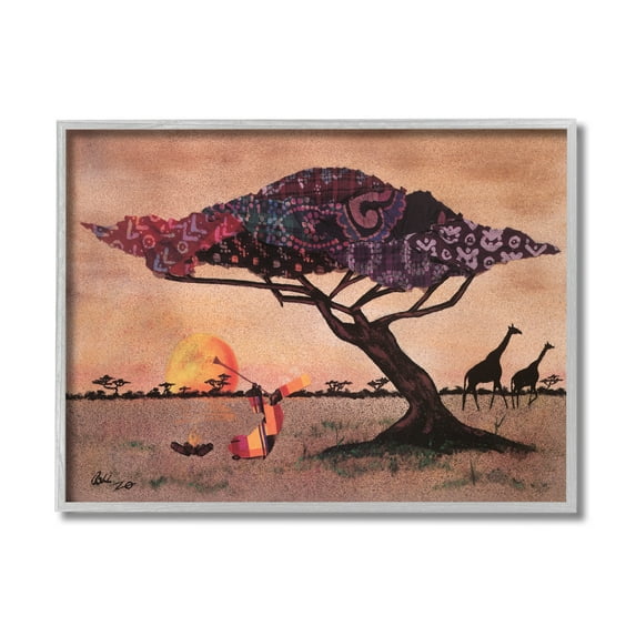 Stupell Industries African Sunrise Safari Landscape Man Playing Trumpet Novelty Painting Gray Framed Art Print Wall Art, 16 x 20