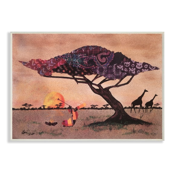Stupell Industries African Sunrise Safari Landscape Man Playing Trumpet Novelty Painting Unframed Art Print Wall Art, 13 x 19
