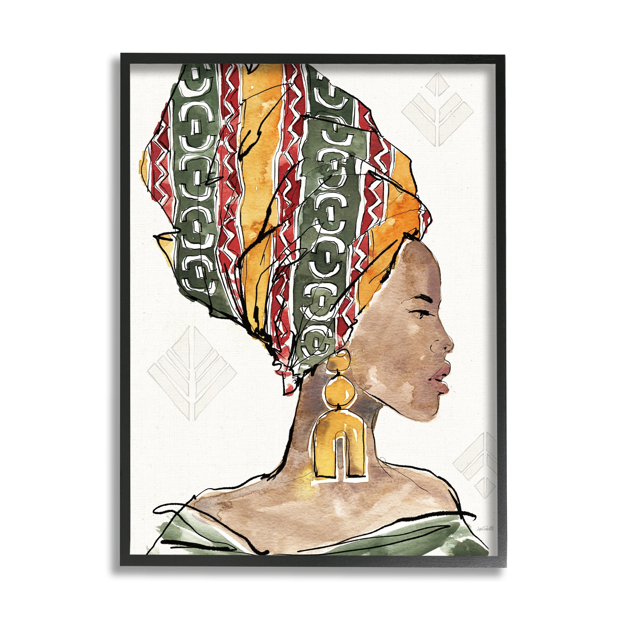 Stupell Industries African Woman Patterned Head Wrap Strong Portrait Modern Painting Black Framed Art Print Wall Art, 24 x 30, Design by Anne Tavoletti