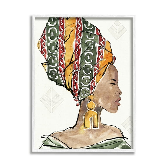Stupell Industries African Woman Patterned Head Wrap Strong Portrait World Cultures Painting White Framed Art Print Wall Art, 11 x 14