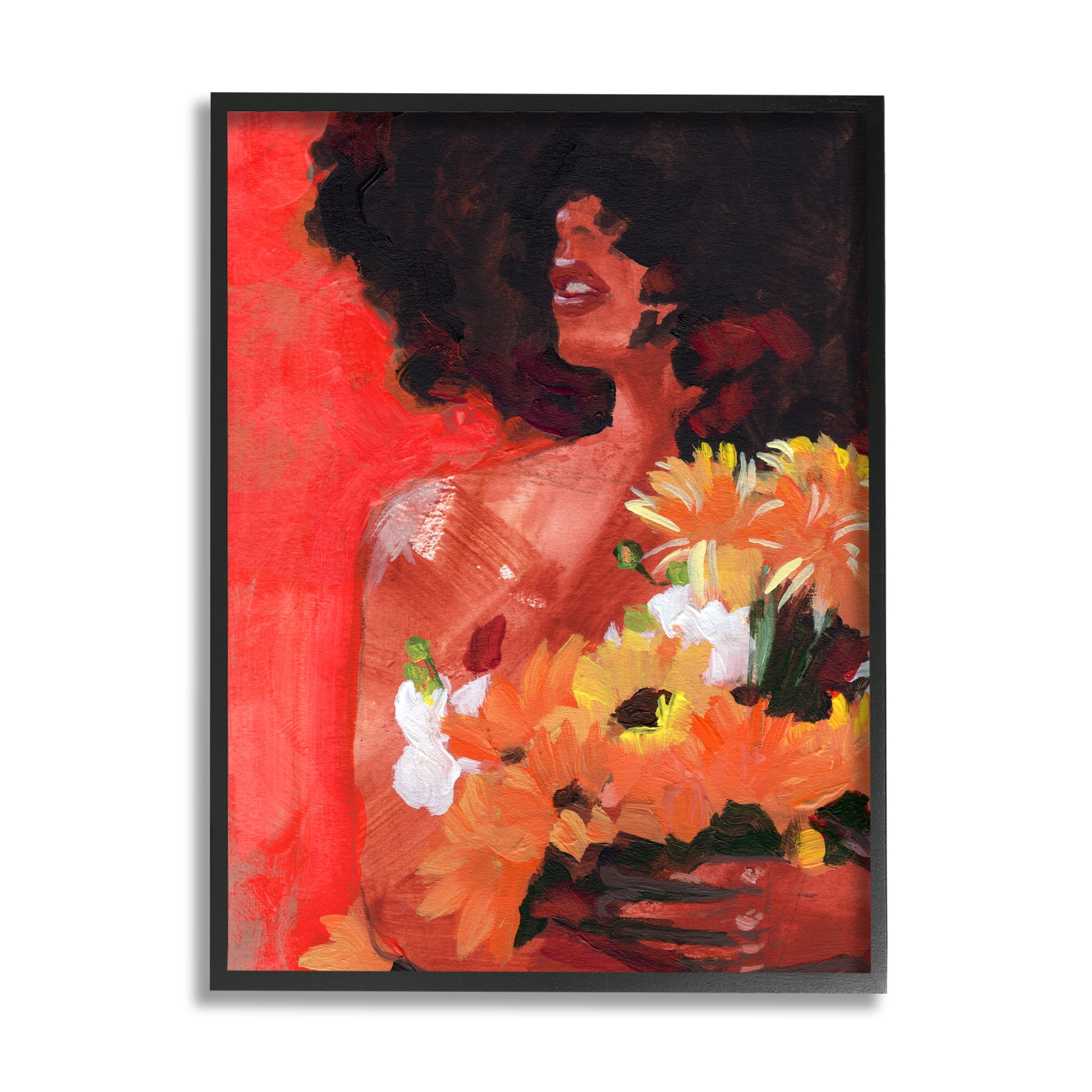 Stupell Industries African Woman Summer Sunflower Bouquet Red Yellow Botanical & Floral Painting Black Framed Art Print Wall Art, 24 x 30