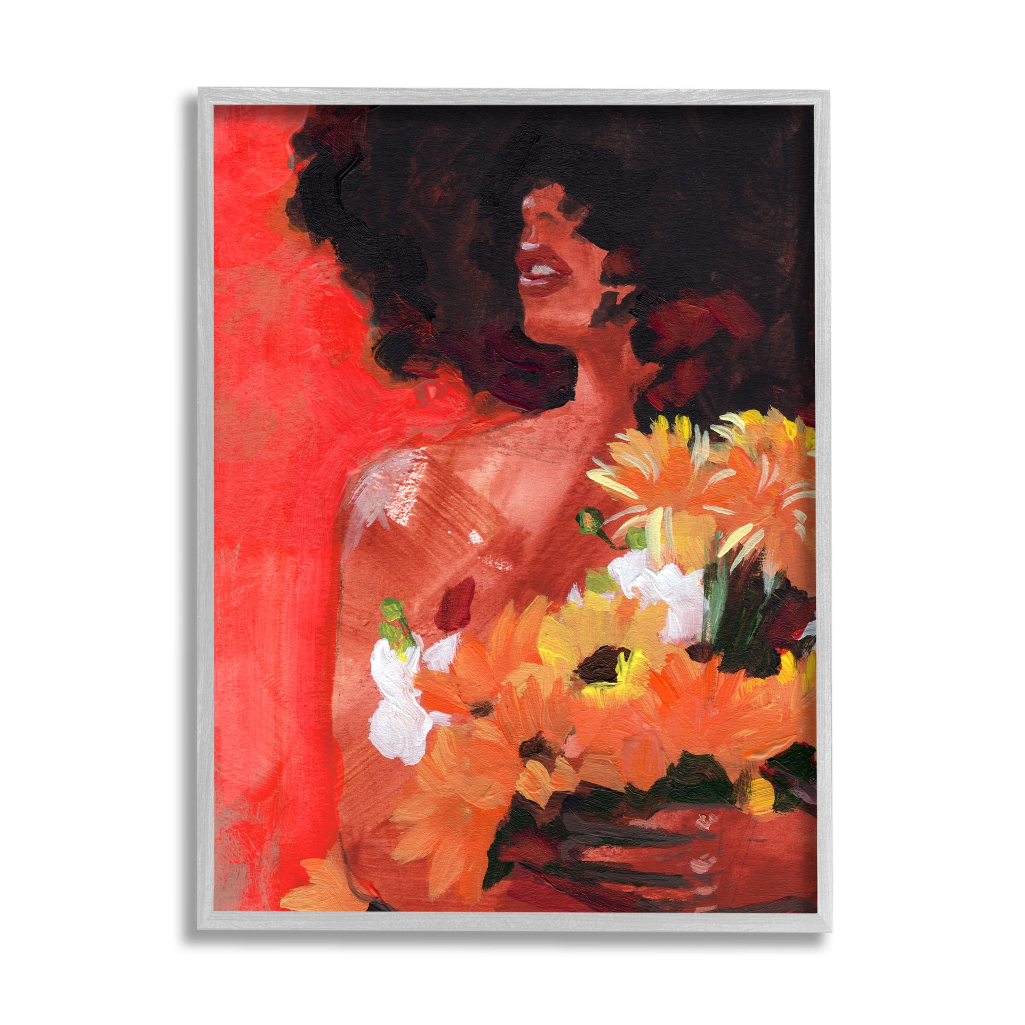 Stupell Industries African Woman Summer Sunflower Bouquet Red Yellow Botanical & Floral Painting Gray Framed Art Print Wall Art, 16 x 20