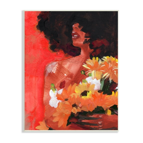 Stupell Industries African Woman Summer Sunflower Bouquet Red Yellow Botanical & Floral Painting Unframed Art Print Wall Art, 13 x 19