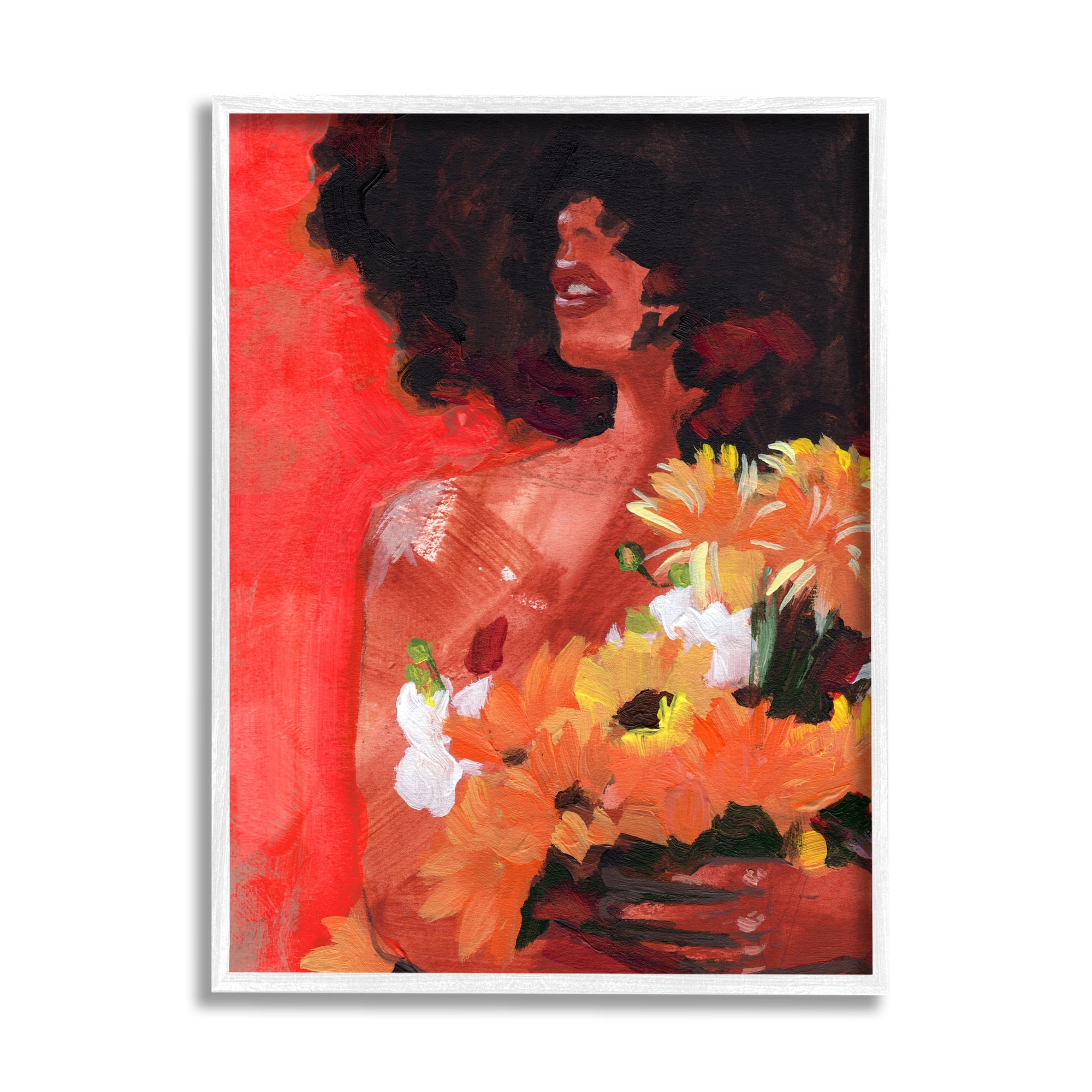 Stupell Industries African Woman Summer Sunflower Bouquet Red Yellow Botanical & Floral Painting White Framed Art Print Wall Art, 11 x 14