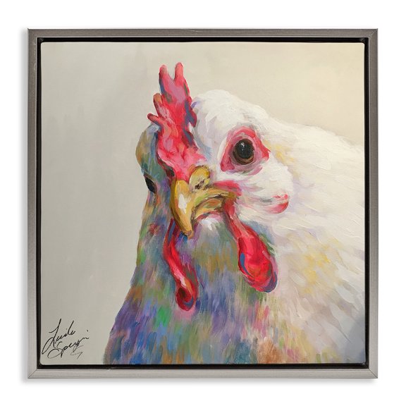 Stupell Industries Agnes the Chicken Portrait Animals Painting Gray Floater Framed Canvas Art Print Wall Art, 18 x 18