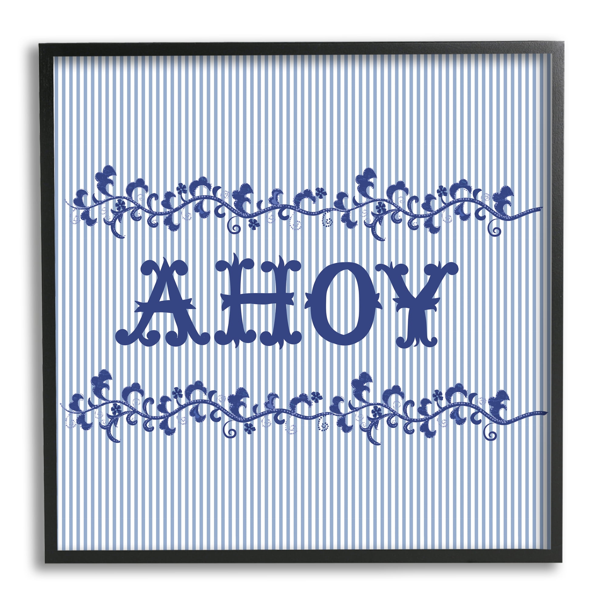 Stupell Industries Ahoy on Blue Stripes Botanical & Floral Painting Black Framed Art Print Wall Art, 12 x 12