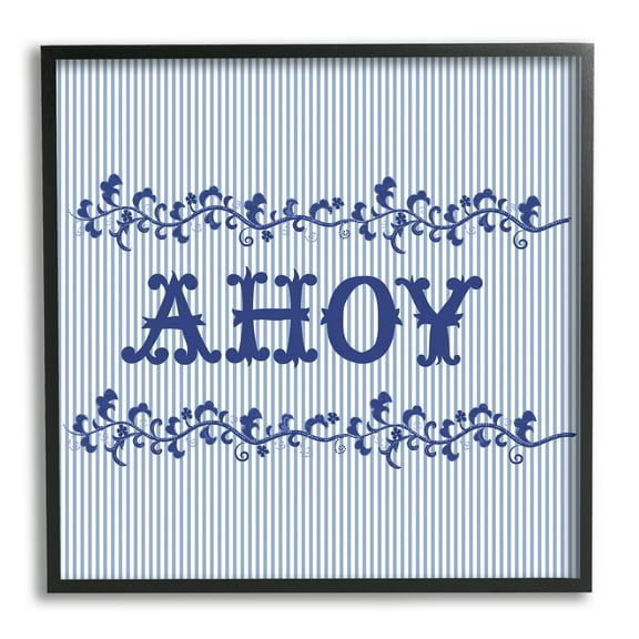 Stupell Industries Ahoy on Blue Stripes Botanical & Floral Painting Black Framed Art Print Wall Art, 12 x 12