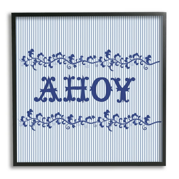 Stupell Industries Ahoy on Blue Stripes Botanical & Floral Painting Black Framed Art Print Wall Art, 17 x 17