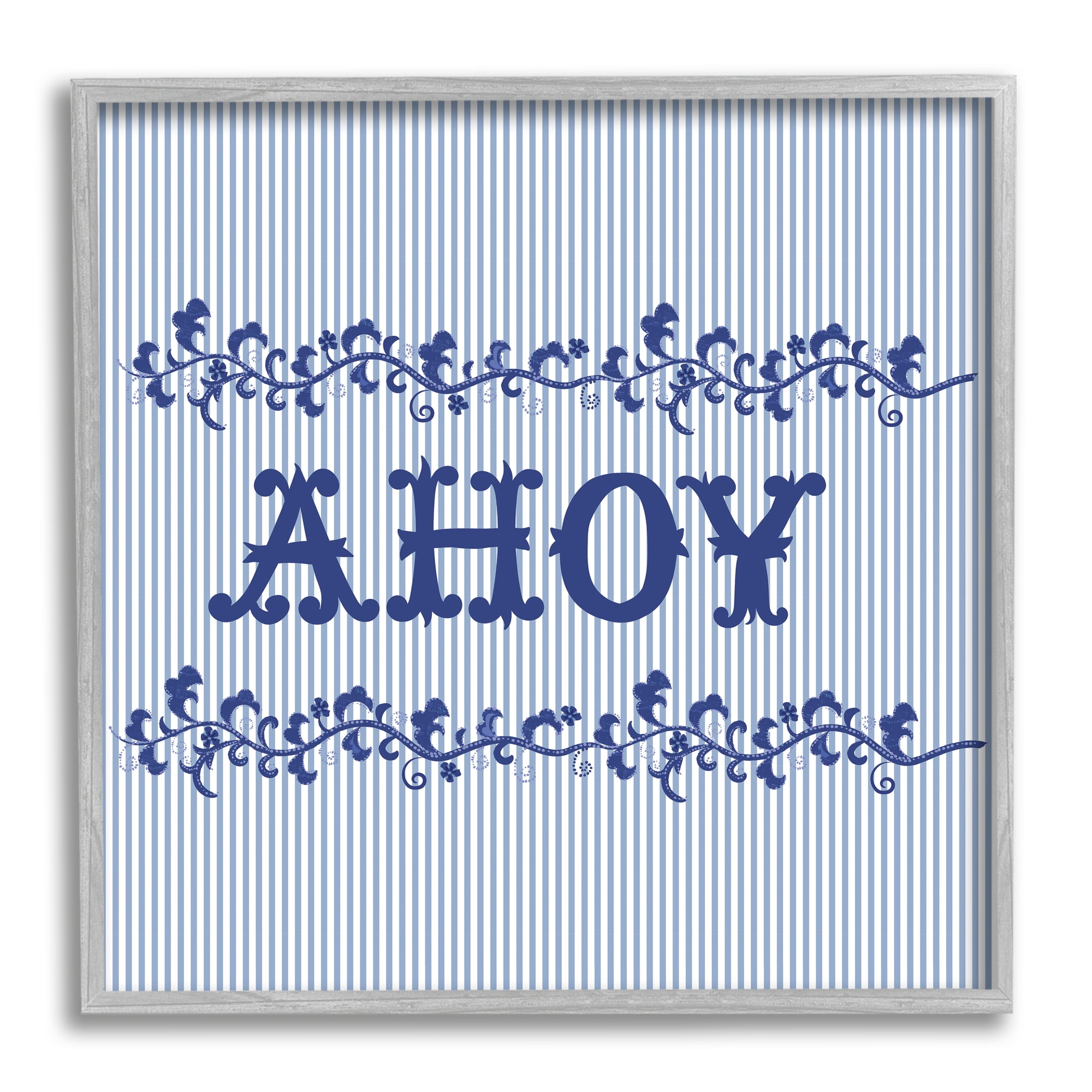 Stupell Industries Ahoy on Blue Stripes Botanical & Floral Painting Gray Framed Art Print Wall Art, 24 x 24