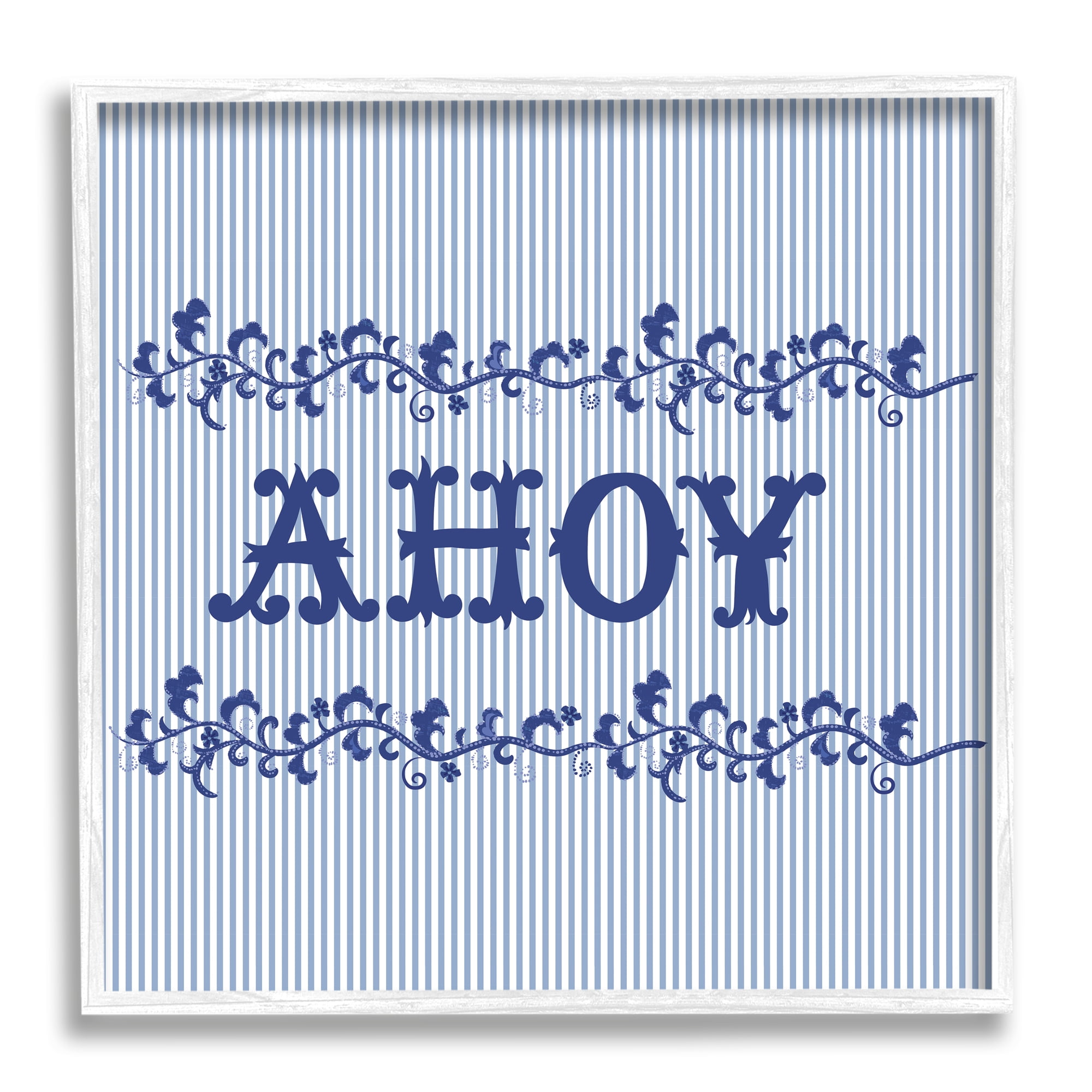 Stupell Industries Ahoy on Blue Stripes Botanical & Floral Painting White Framed Art Print Wall Art, 12 x 12