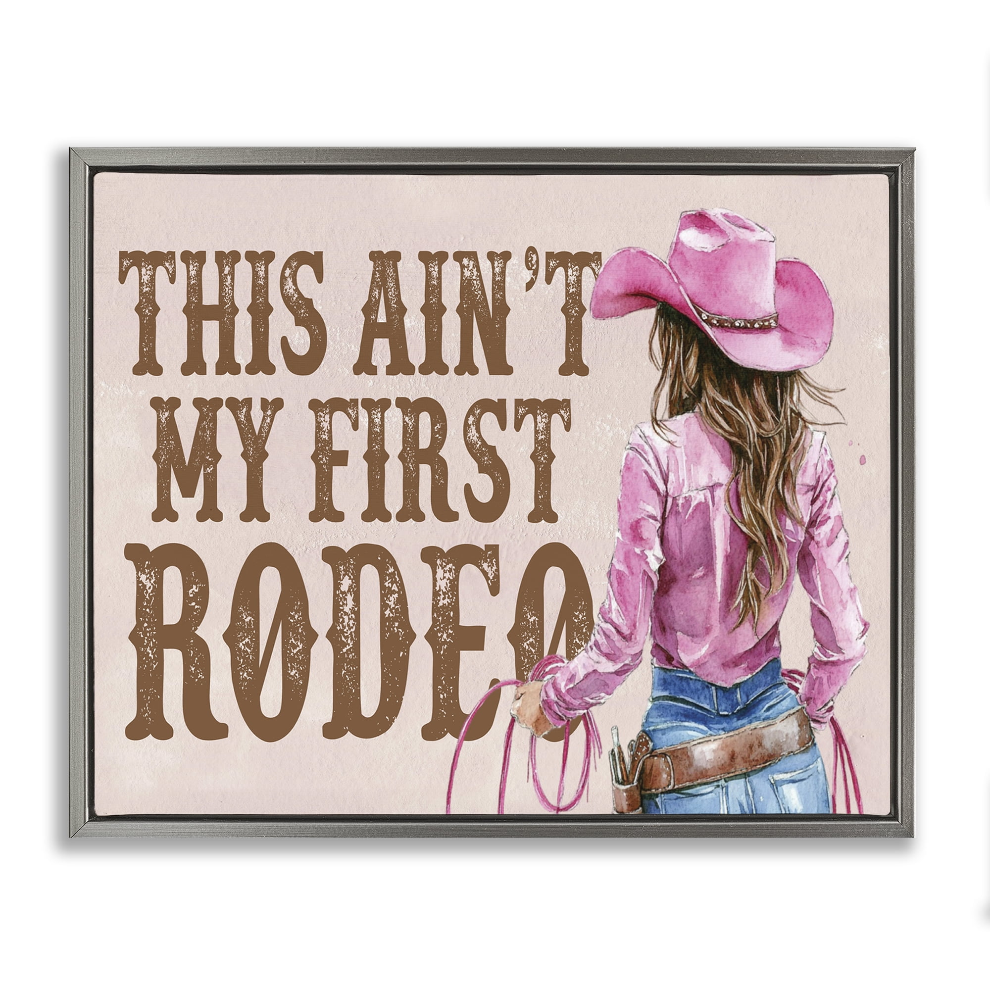 Stupell Industries Ain't My First Rodeo Girl People Painting Gray Floater Framed Canvas Art Print Wall Art, 21 x 17