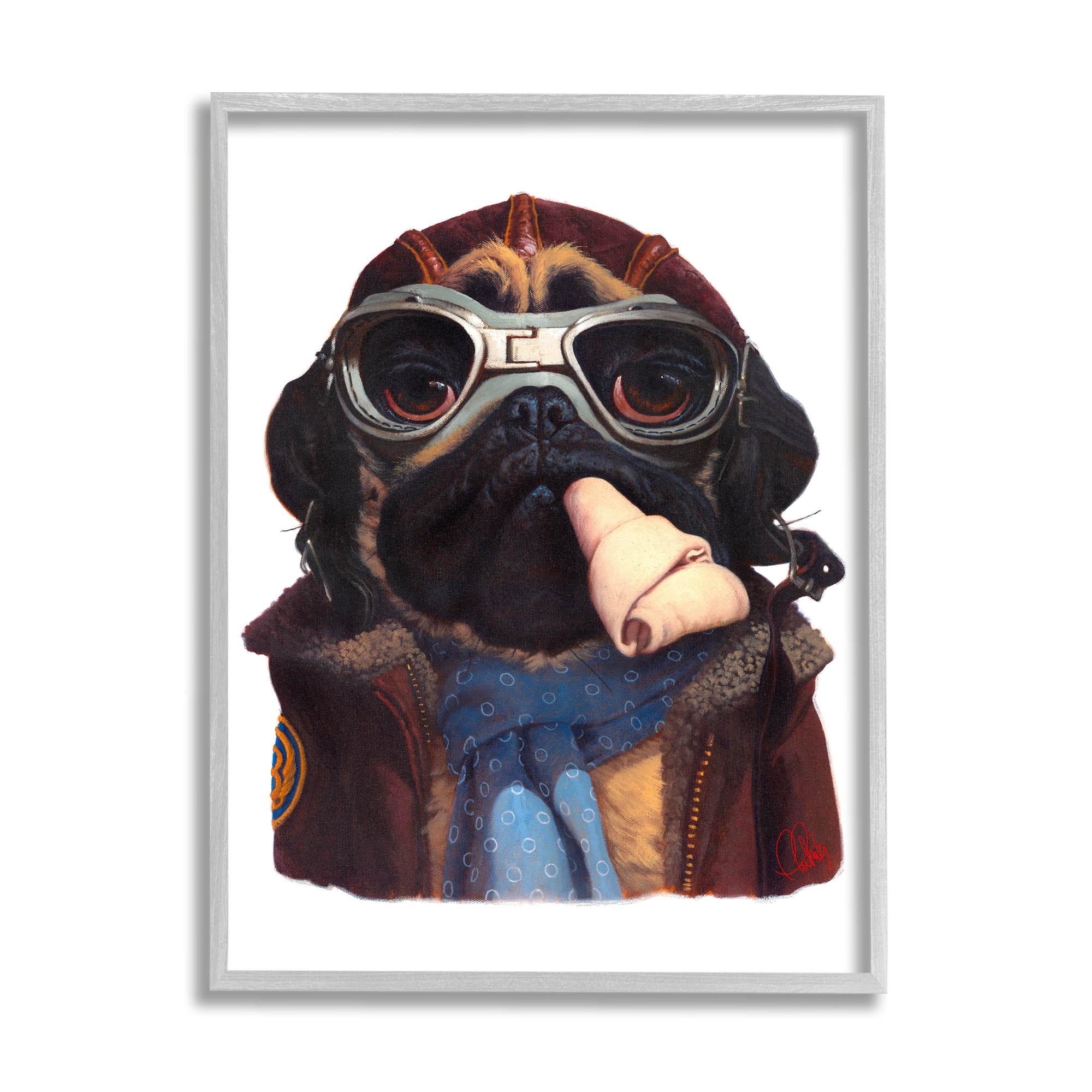 Stupell Industries Air Pilot Pug Vintage Pet Fashion Dog Bone Animals & Insects Painting Gray Framed Art Print Wall Art, 24 x 30