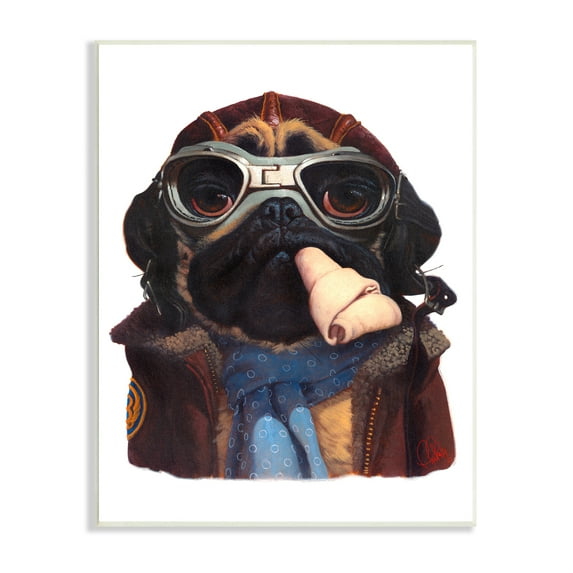 Stupell Industries Air Pilot Pug Vintage Pet Fashion Dog Bone Animals & Insects Painting Unframed Art Print Wall Art, 10 x 15