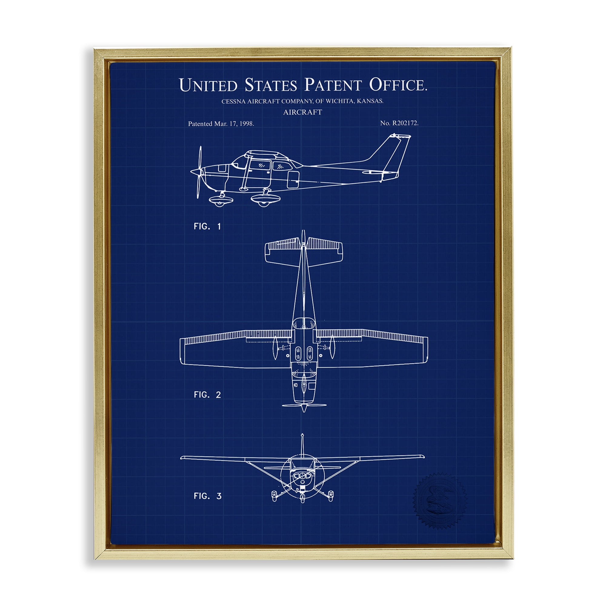 Stupell Industries Aircraft Patent Blueprint Transportation Painting Gold Floater Framed Art Print Wall Art, 25 x 31