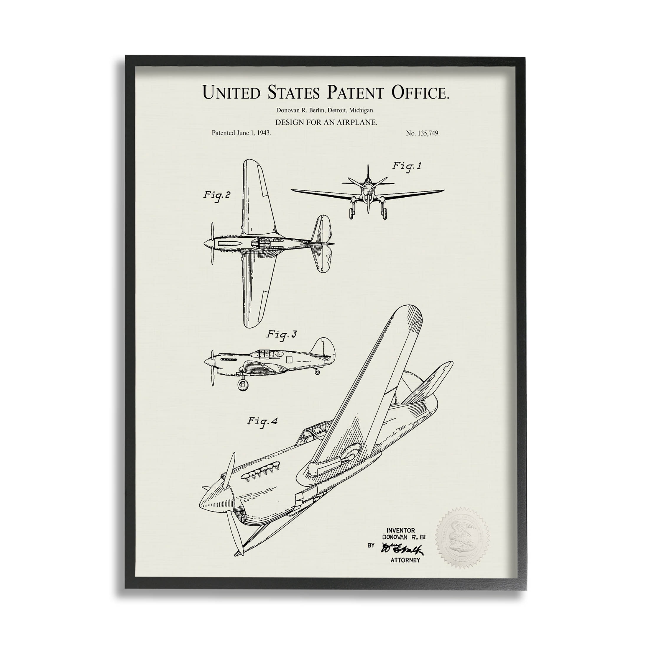 Stupell Industries Aircraft Patent Diagram Chart Graphic Art Black Framed Art Print Wall Art, Design by Karl Hronek