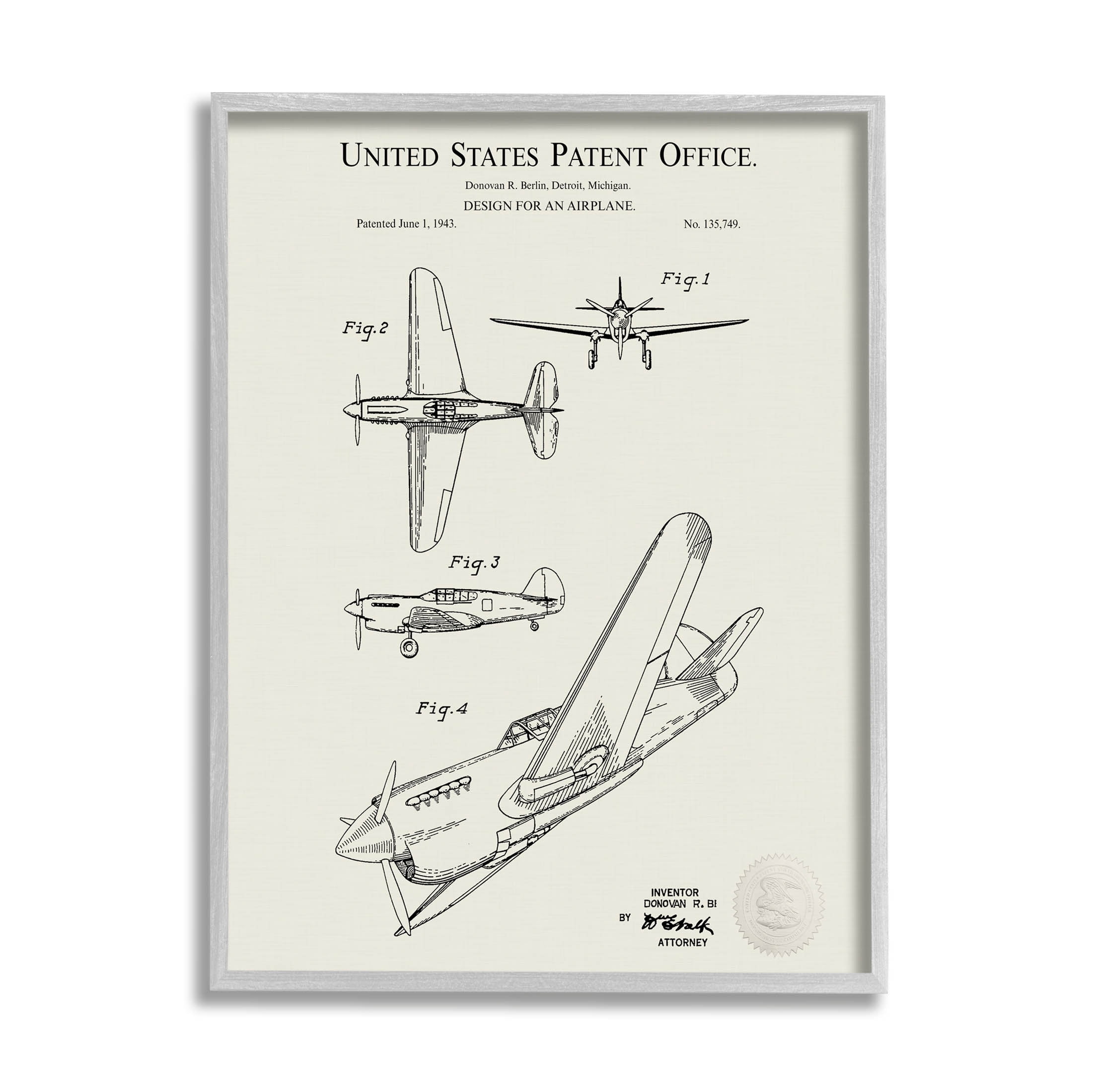 Stupell Industries Aircraft Patent Diagram Chart Graphic Art Gray Framed Art Print Wall Art, Design by Karl Hronek