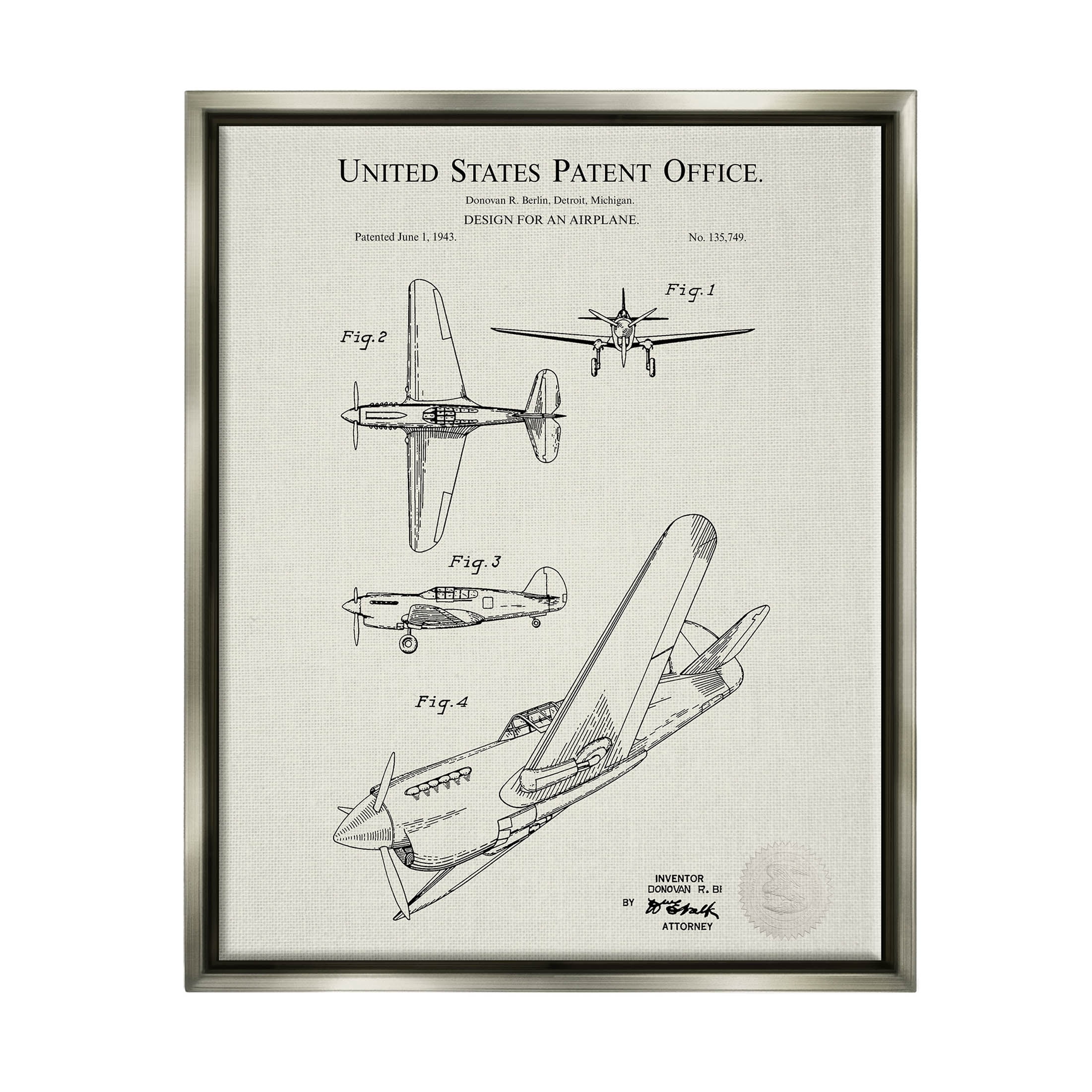 Stupell Industries Aircraft Patent Diagram Chart Graphic Art Luster Gray Floating Framed Canvas Print Wall Art, Design by Karl Hronek